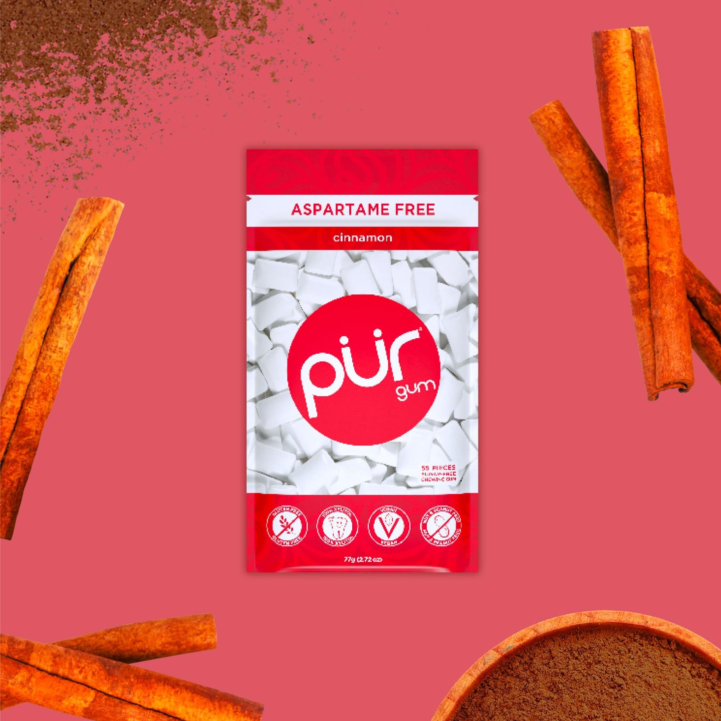 Pur Gum | Aspartame Free Chewing Gum | 100% Xylitol | Natural Cinnamon Flavored Gum, 55 Pieces (Pack Of 3)