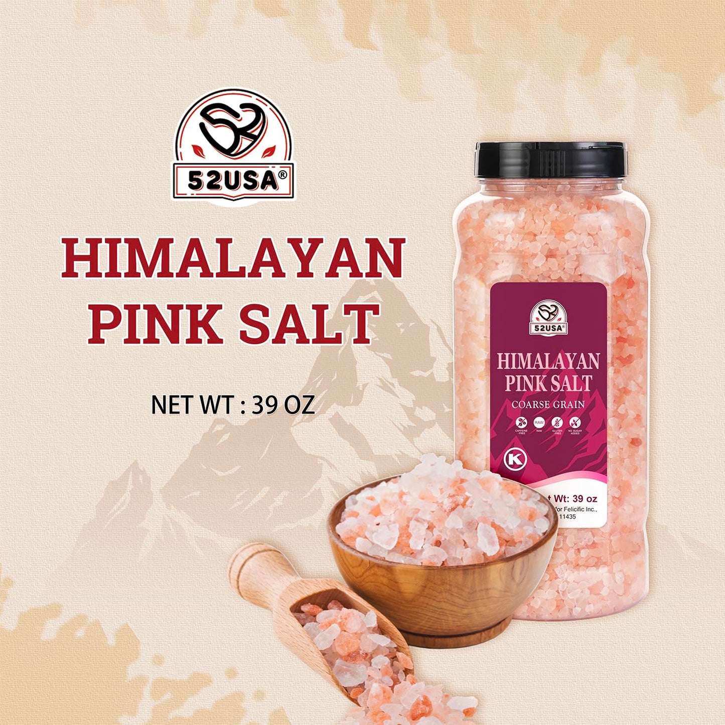 52USA Himalayan Pink Salt  Coarse Grain  39 oz (2.4 LB)  Pink Himalayan Sea Salt  Sea Salt for Grinder Refill  Kosher Salt