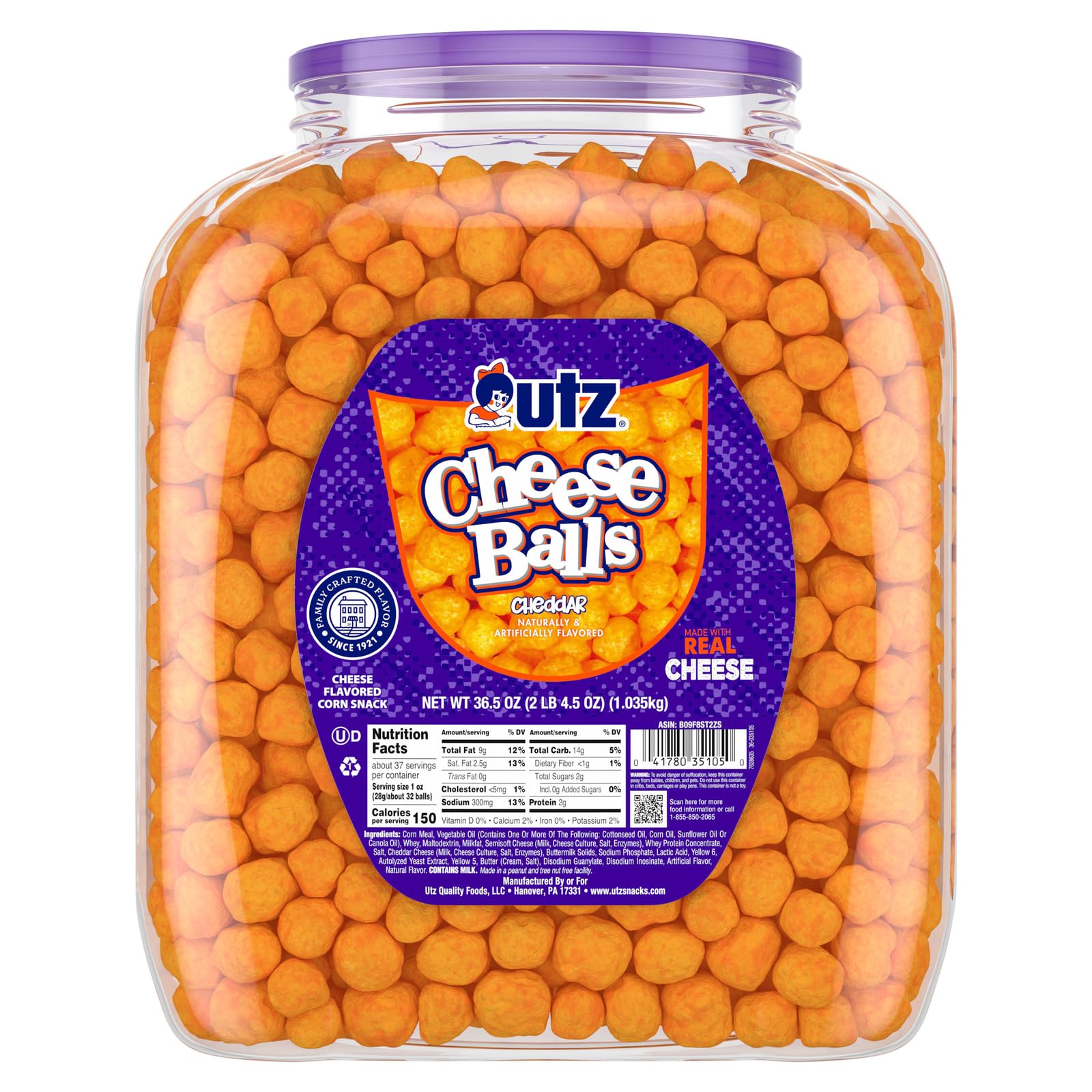 Utz Cheese Balls, Gluten-Free Snack with Real Cheddar Cheese, 36.5 Oz