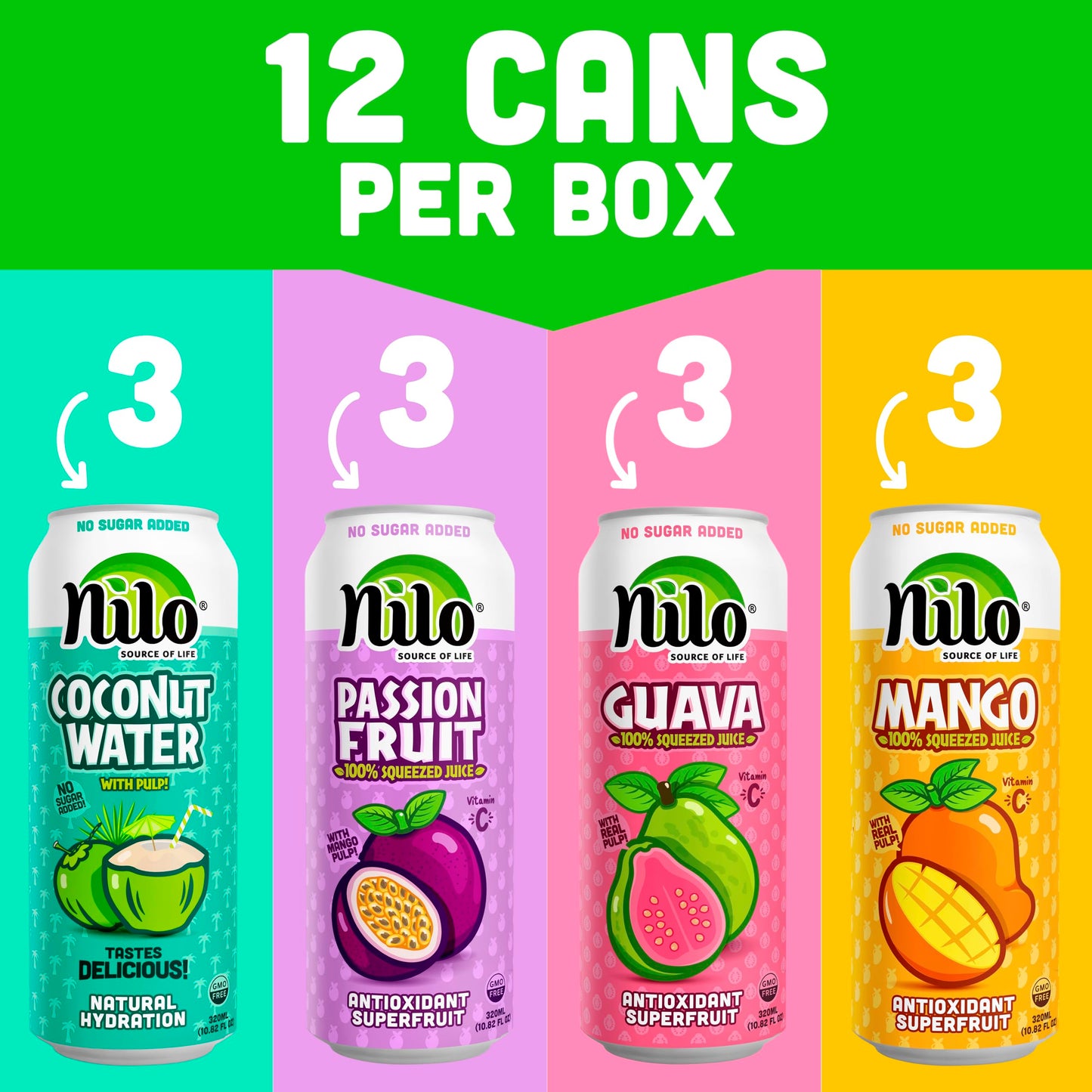 Nilo Variety Pack | 100% Squeezed Juice Guava Mango Coconut Water Passion Fruit | No Sugar Added | Non Gmo | Not From Concentrat