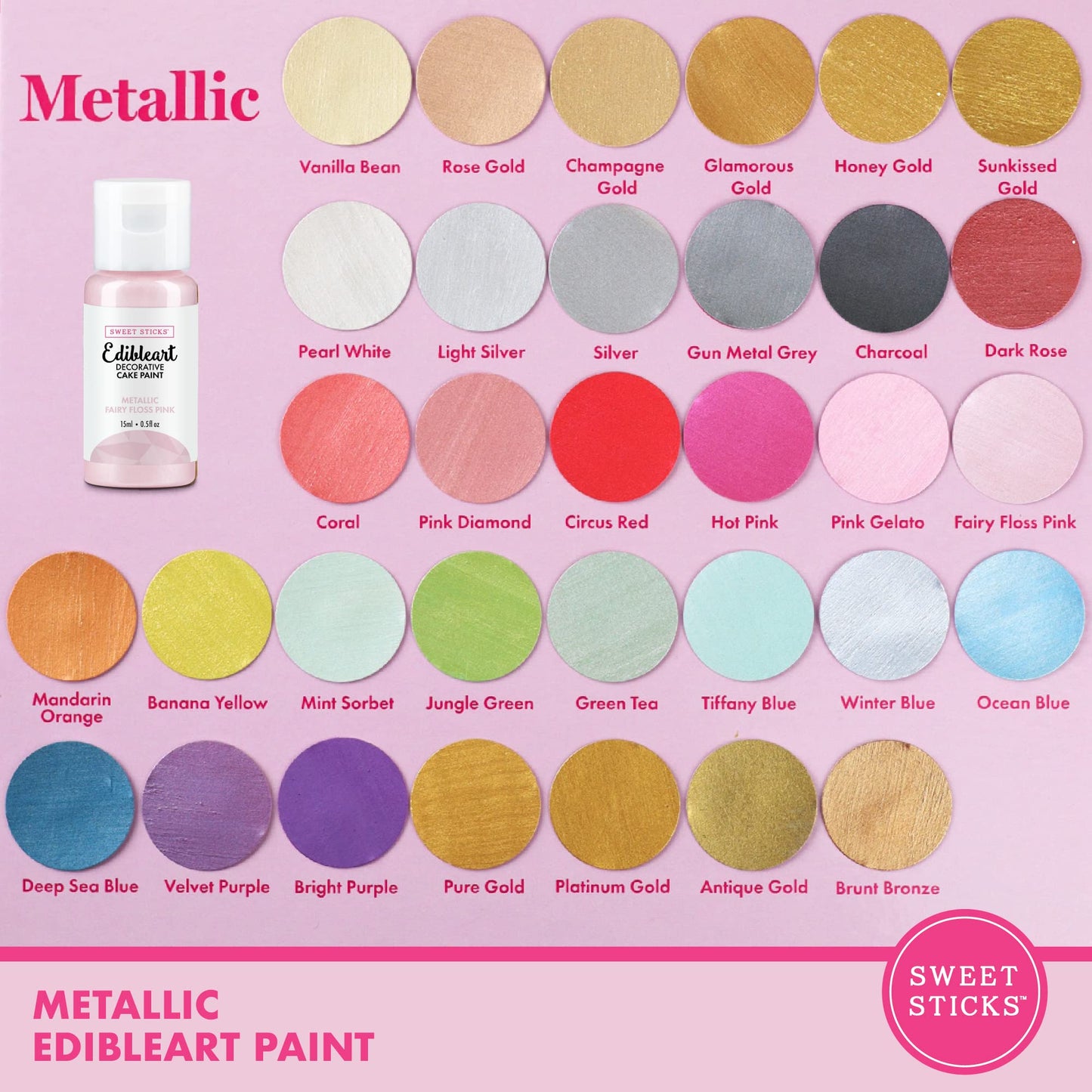 SWEET STICKS Edible Art Cake Paint, Metallic Fairy Floss Pink, 0.5 Fl Oz