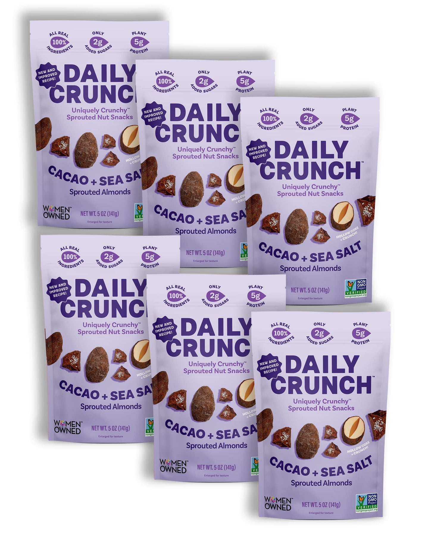 Daily Crunch Sprouted Almonds - 5 Ounce Bags (Cacao and Sea Salt, 6 Pack - 5 Ounce Bags)