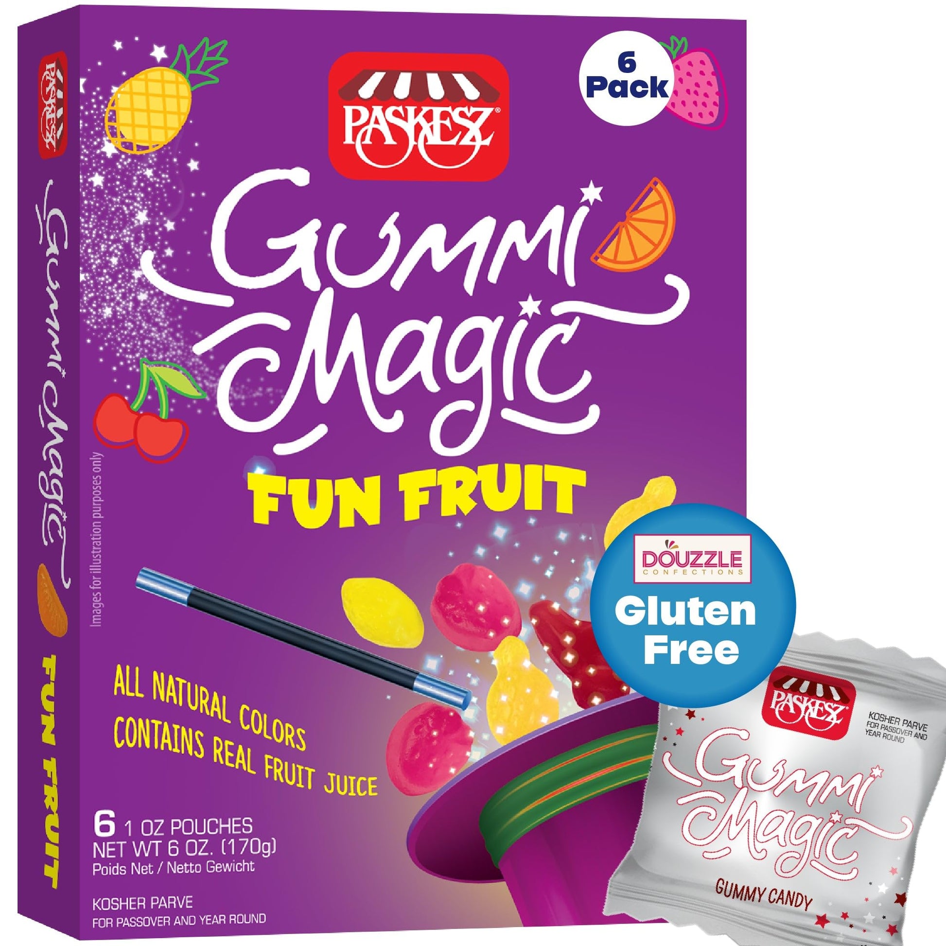 DOUzzle Gluten Free Gummi Magic, Fun Fruit (6 Count, Pack of 1) Non Gebrokts Kosher for Passover Food Snacks - All Natural Color