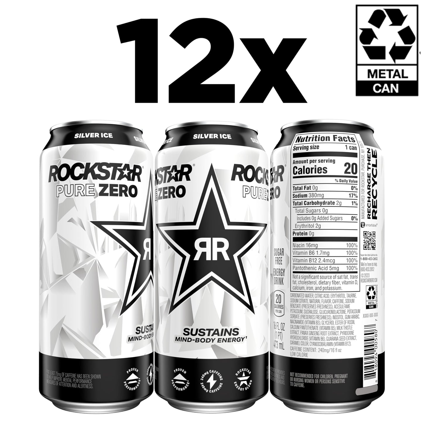 Rockstar Pure Zero Energy Drink, Silver Ice, 0 Sugar, Caffeine, 16oz Cans, Pack of 12