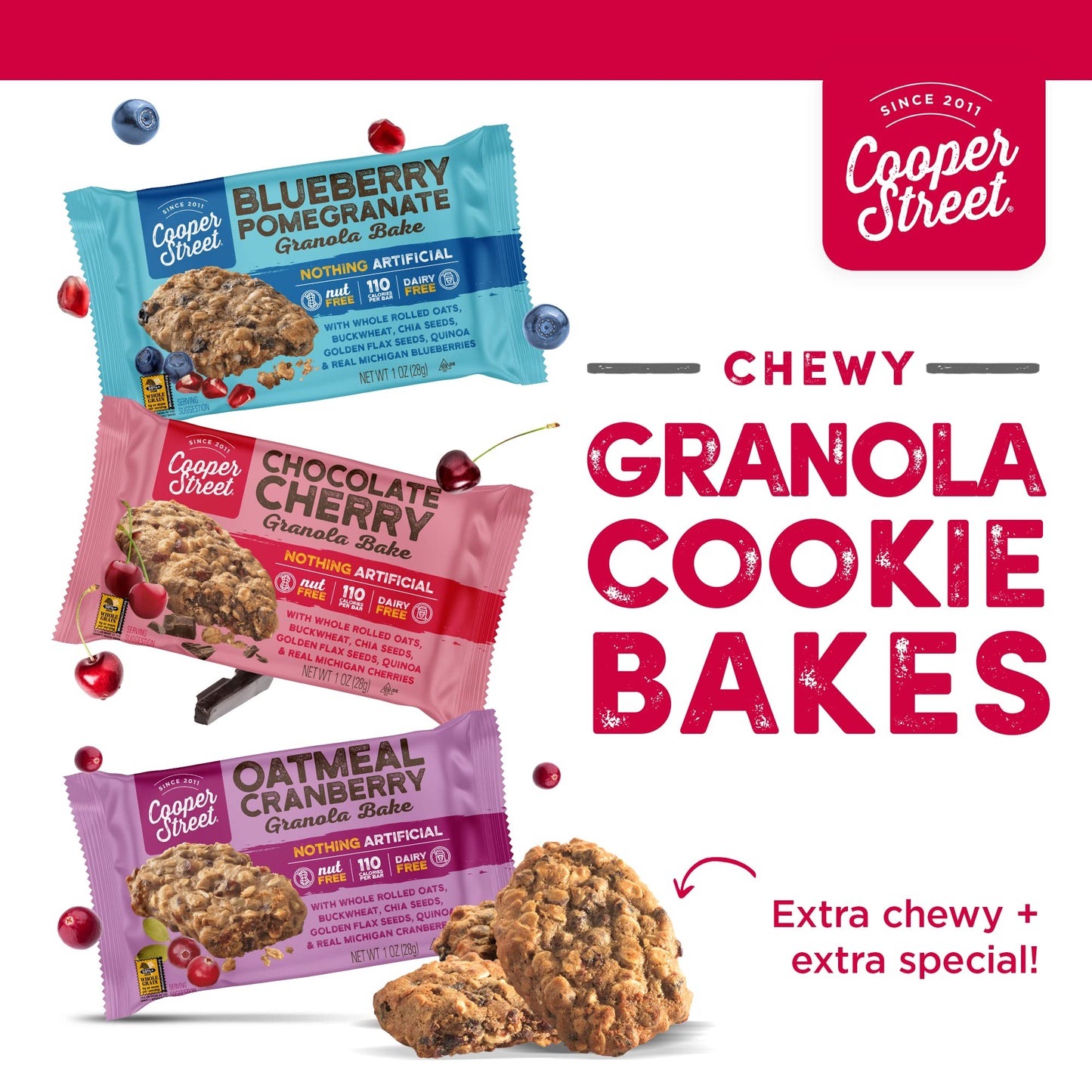 Cooper Street Cookies Healthy Breakfast Bakes, Granola Bars W/Blueberry, Pomegranate, White Chocolate Chip, Cranberry & Cherries, Variety Pack Of 3