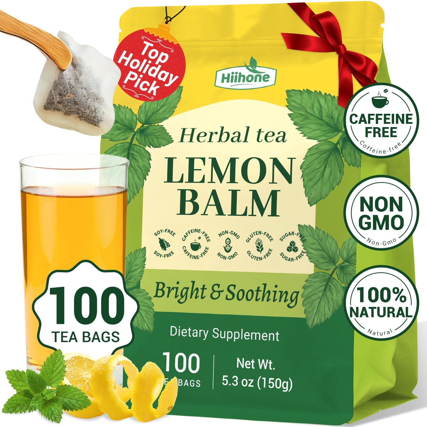 Hiihone Lemon Balm Tea Bags 100 Count - Pure & Natural Lemon Balm Tea  Energy Blend-Free Herbal Tea  Calming & Soothing  Non-Gmo  Fresh Citrusy Flavor