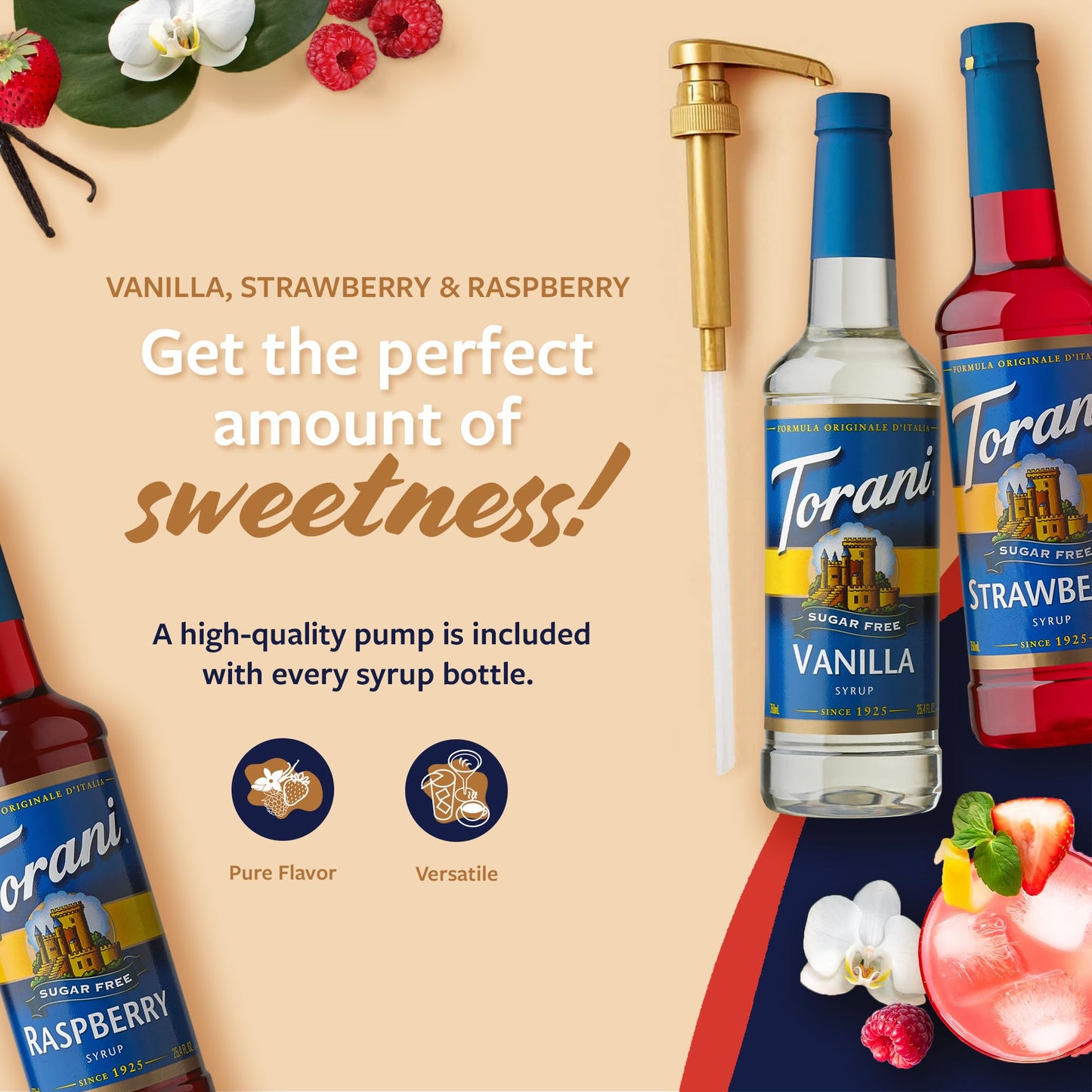 Torani Sugar Free Syrup Variety 3-Pack, Strawberry, Raspberry, And Vanilla, Zero-Calorie Syrups For Drinks, Pumps Included, 25.4