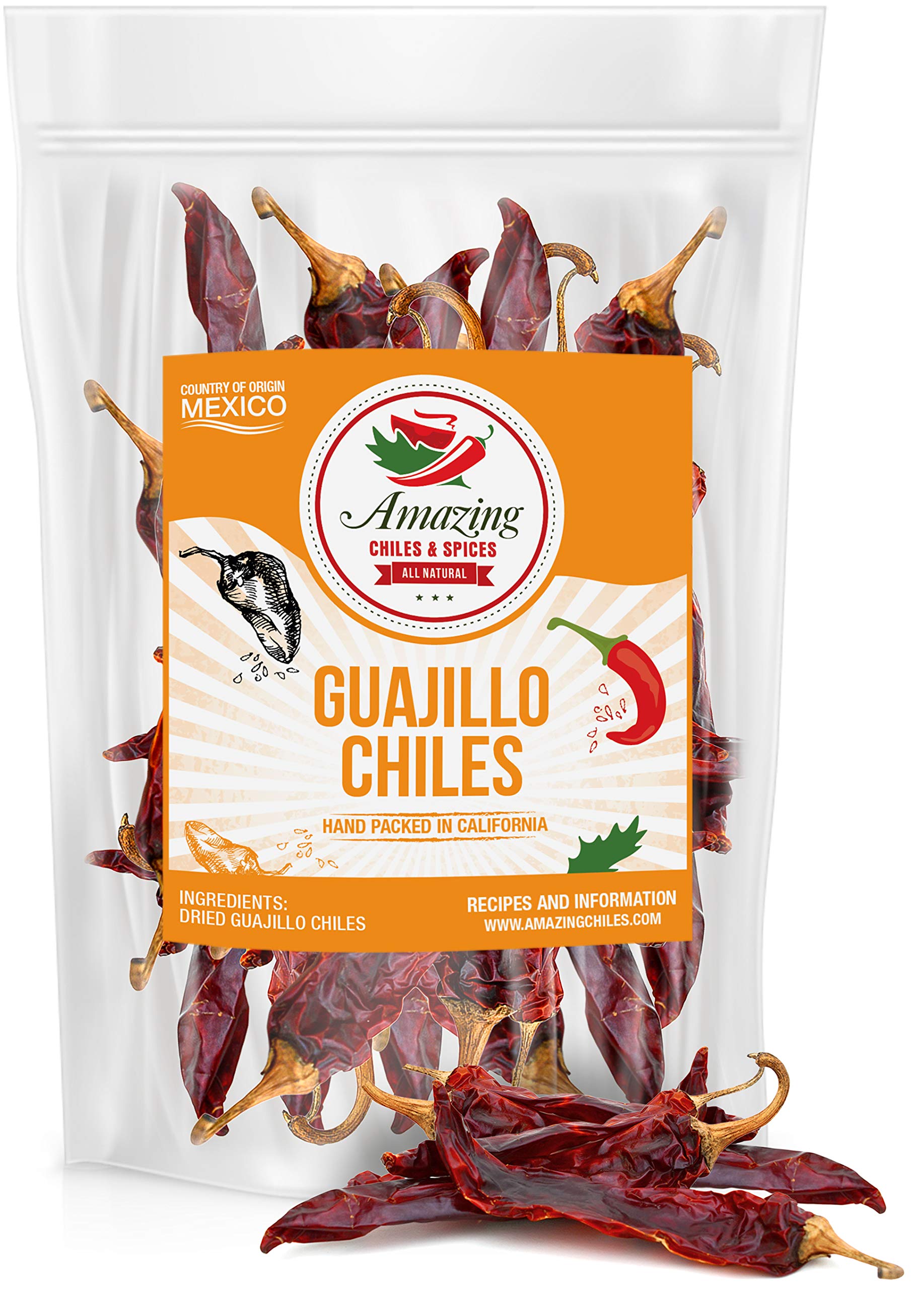 Guajillo Chiles Peppers Dried Whole 8 Oz - Natural And Top-Grade. Great For Mexican Recipes Like Mole  Tamales  Salsa  Meats. Mild To Medium Heat  Complex Fruity Flavor. Resealable Bag