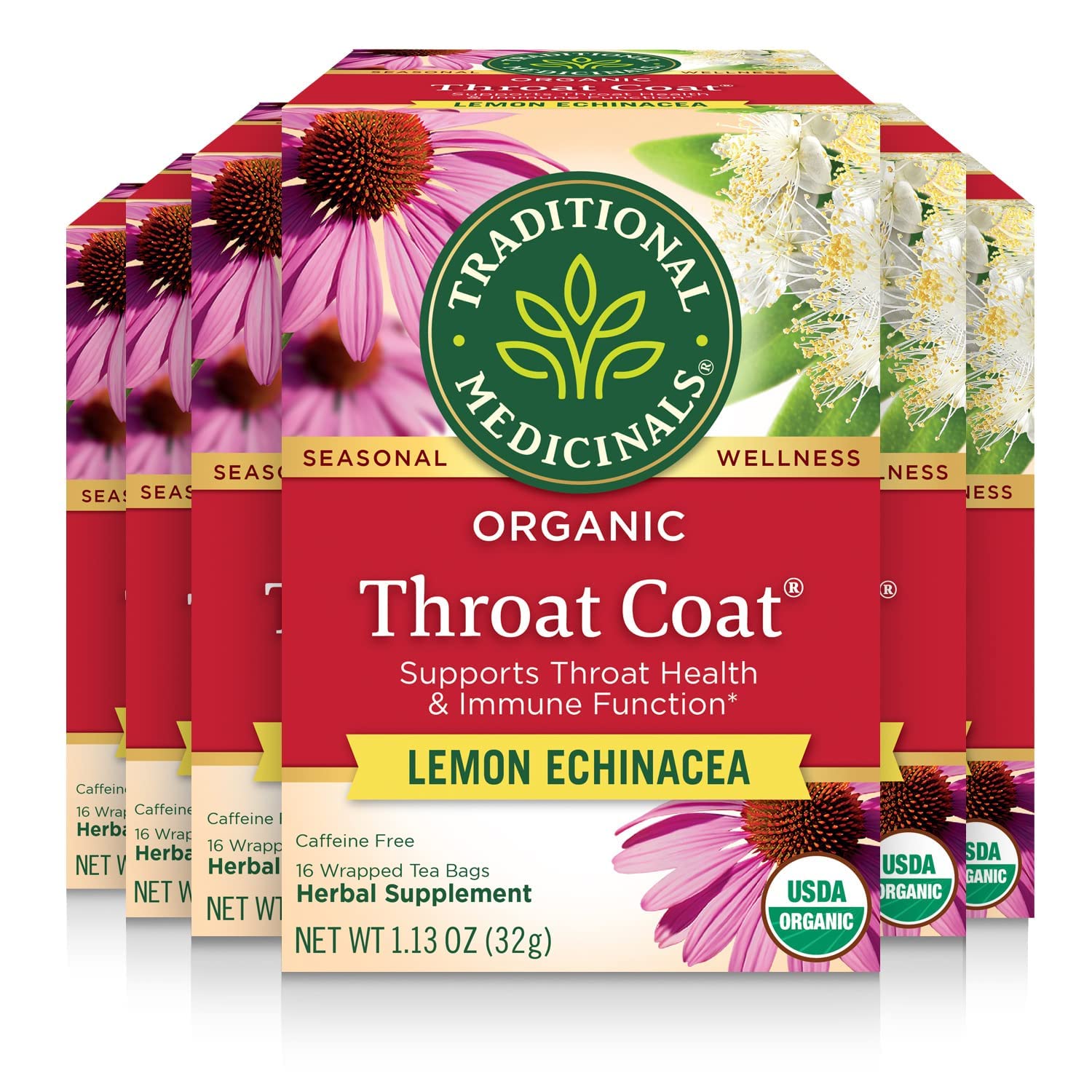 Traditional Medicinals Organic Throat Coat Tea, Lemon Echinacea, 96 Tea Bags (6 Pack)