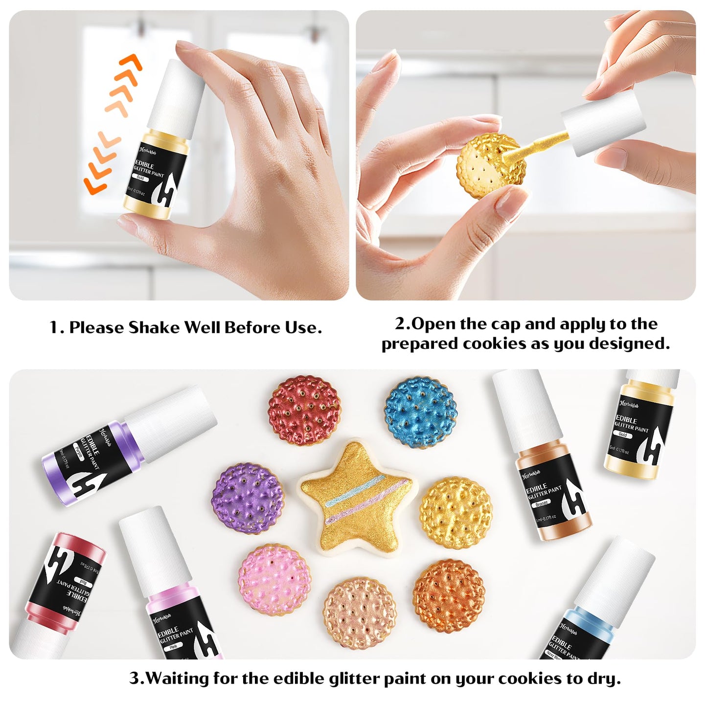 Edible Paint - 12 Colors Glitter Cake Paint Shiny Metallic Food Paint For Cake Decorating Cookies Fondant Edible Art Decorative
