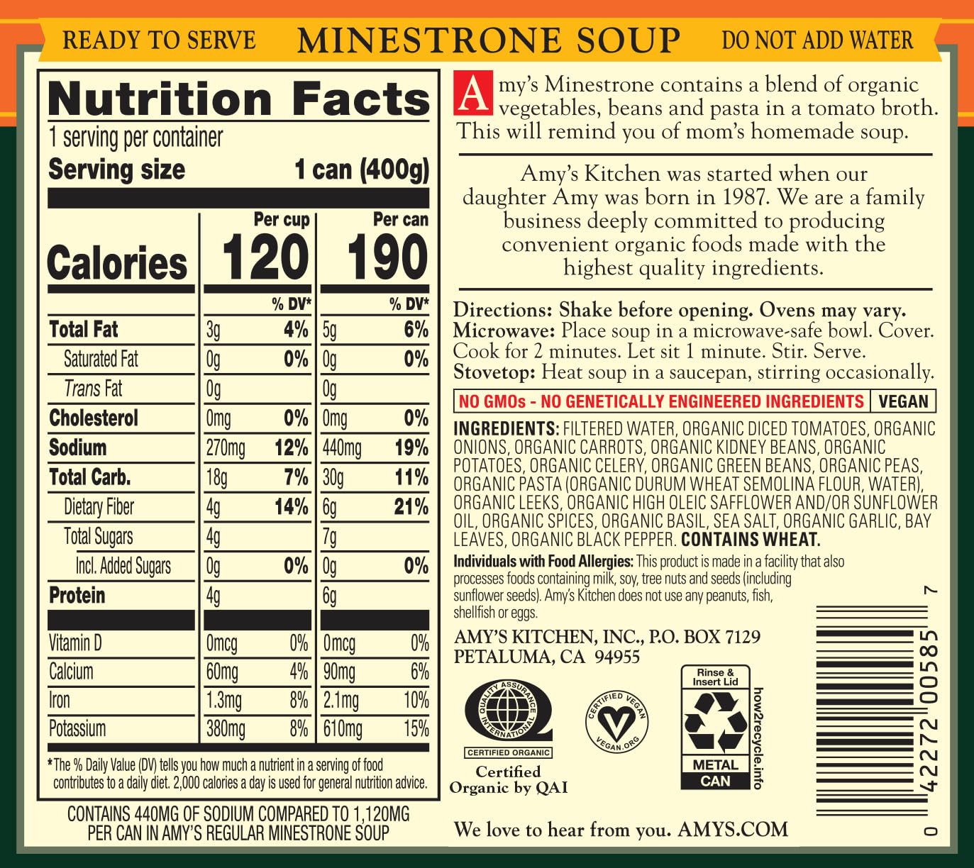 Amy’S Soup, Vegan Minestrone, Light In Sodium, Made With Organic Vegetables, Beans And Pasta In Tomato Broth, Canned Soup, 14.1 Oz (6 Pack)