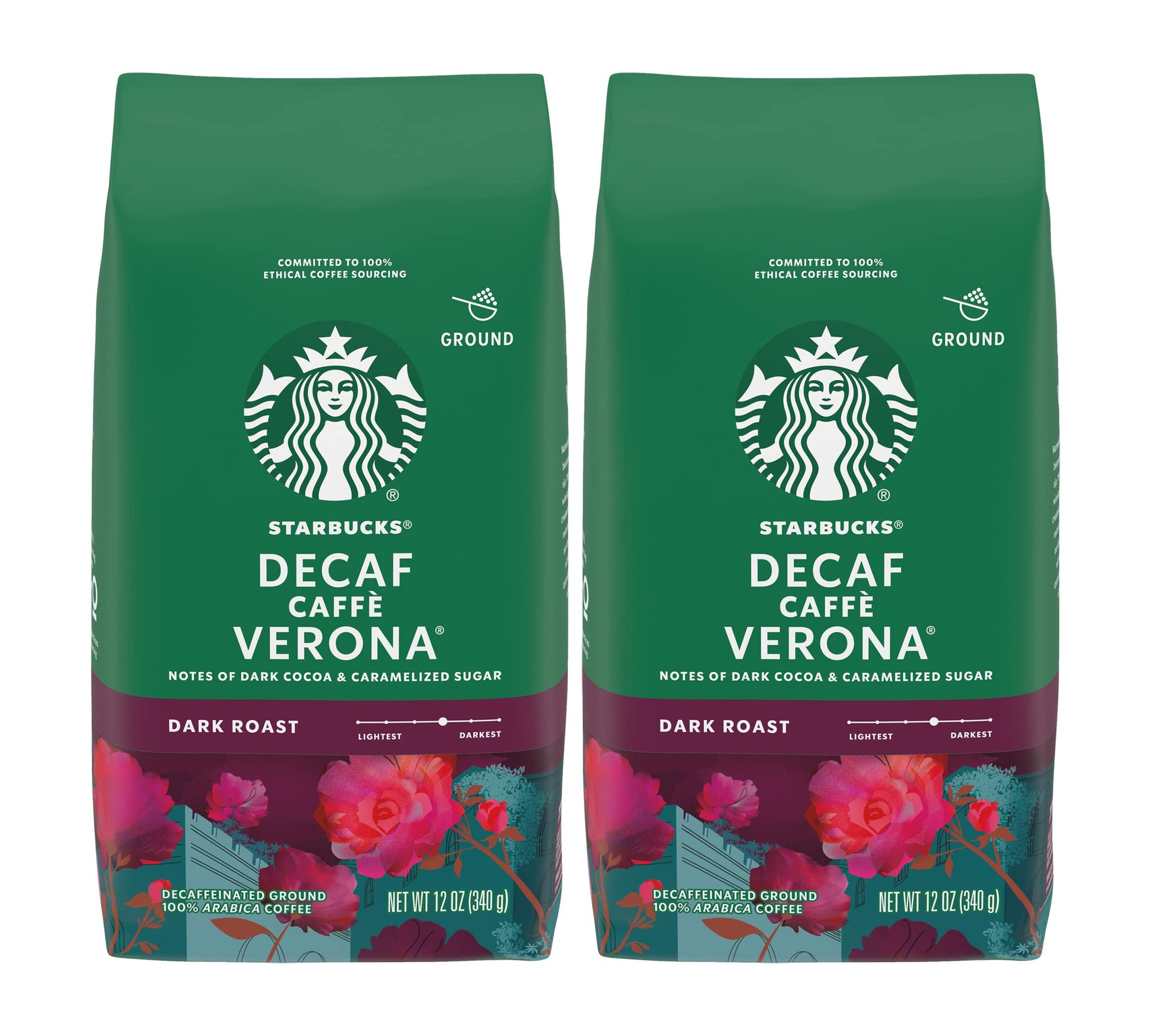 Starbucks Decaf Ground Coffee, Caffè Verona, Dark Roast Decaffeinated Ground 100% Arabica Coffee, Notes Of Dark Cocoa & Caramelized Sugar, 12-Ounce Bag (Pack Of 2)