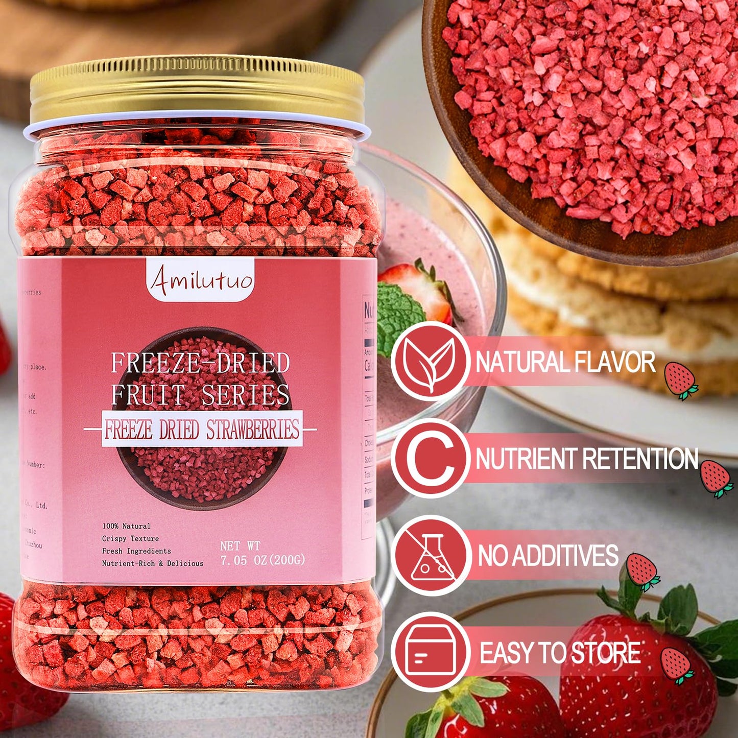 Amilutuo Freeze Dried Strawberries, 7.05OZ, Dehydrated Fruit for Yogurt, Smoothies, Snacks