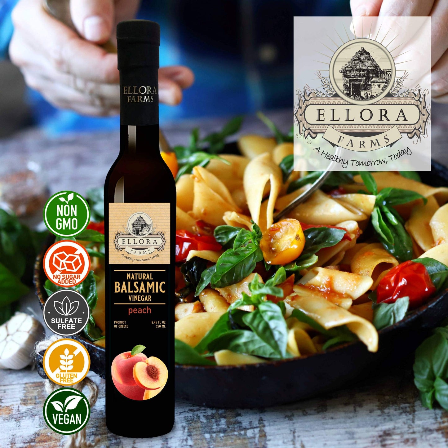 Ellora Farms Peach Infused Greek Balsamic Vinegar, Thick & Creamy, 8.45 oz, No Added Sugars, No Preservatives, Pack of 1