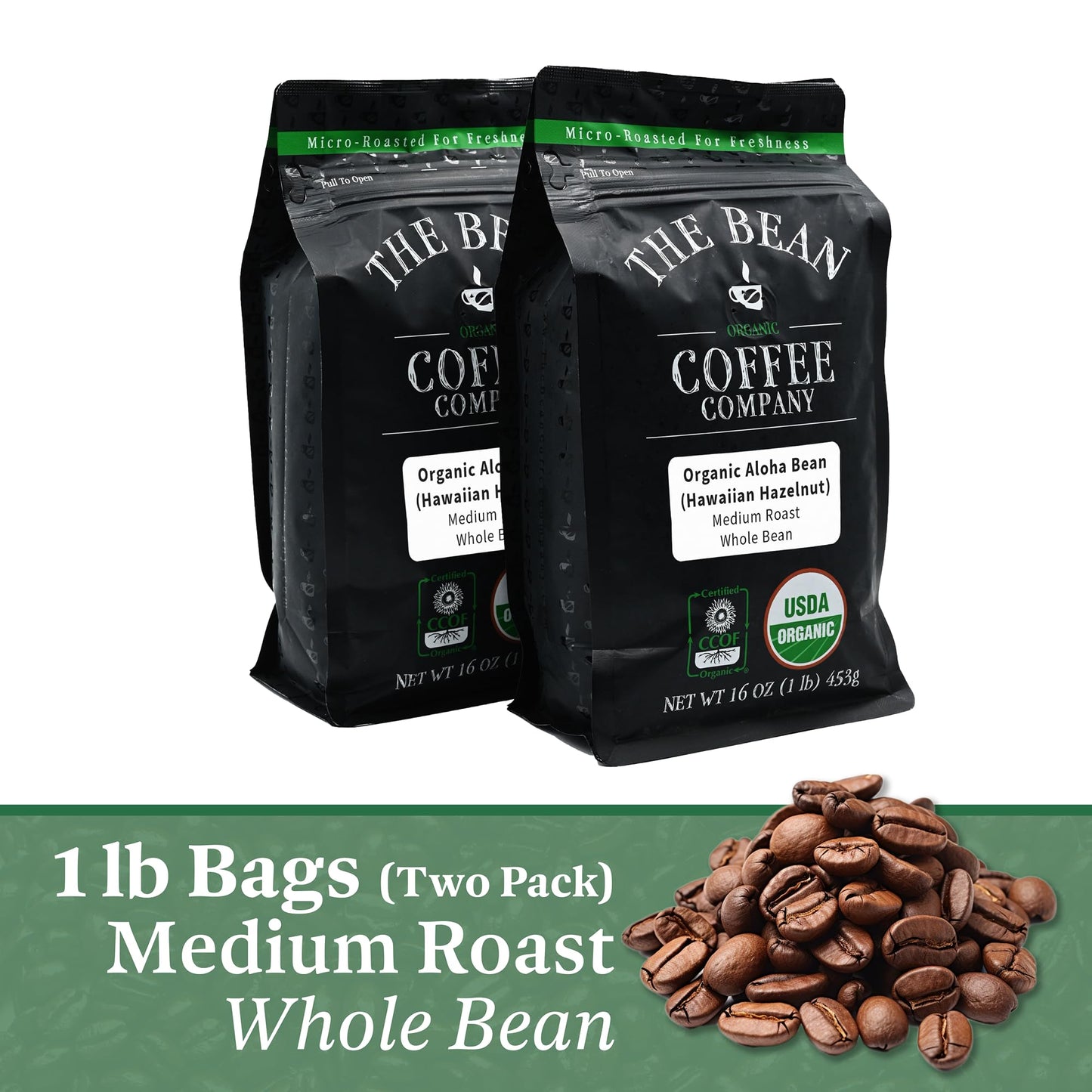 The Bean Organic Coffee Company Aloha Bean (Hawaiian Hazelnut), Medium Roast, Whole Bean Coffee, 16-Ounce Bags (Pack Of 2)
