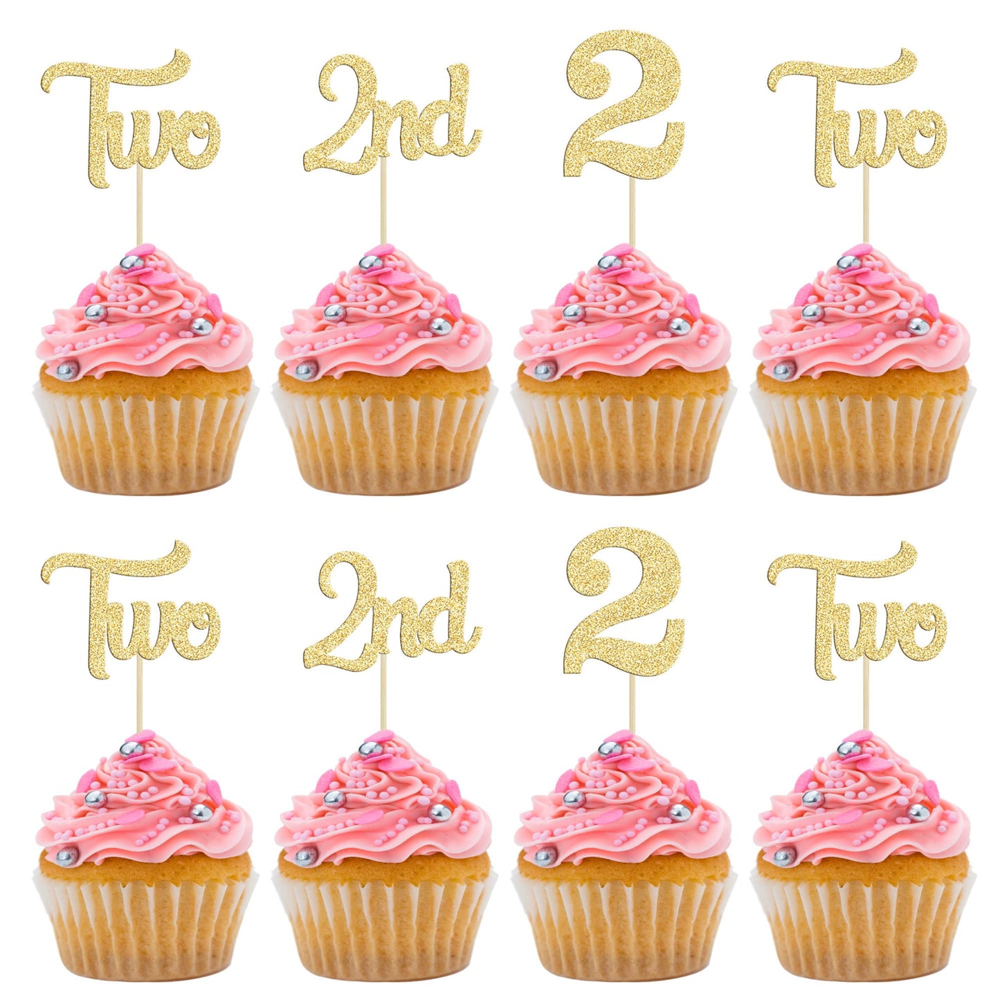 24Pcs 2Nd Birthday Cupcake Toppers Glitter Second Birthday Two Cupcake Picks For Baby Shower 2Nd Birthday Anniversary Party Cake
