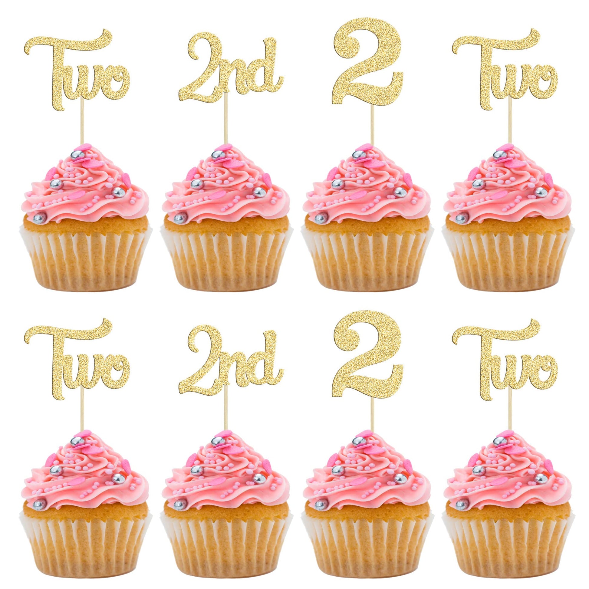 24Pcs 2Nd Birthday Cupcake Toppers Glitter Second Birthday Two Cupcake Picks For Baby Shower 2Nd Birthday Anniversary Party Cake