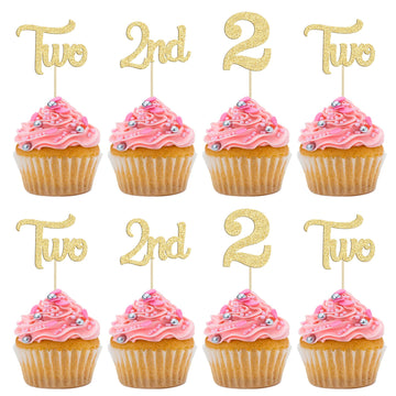 24Pcs 2Nd Birthday Cupcake Toppers Glitter Second Birthday Two Cupcake Picks For Baby Shower 2Nd Birthday Anniversary Party Cake