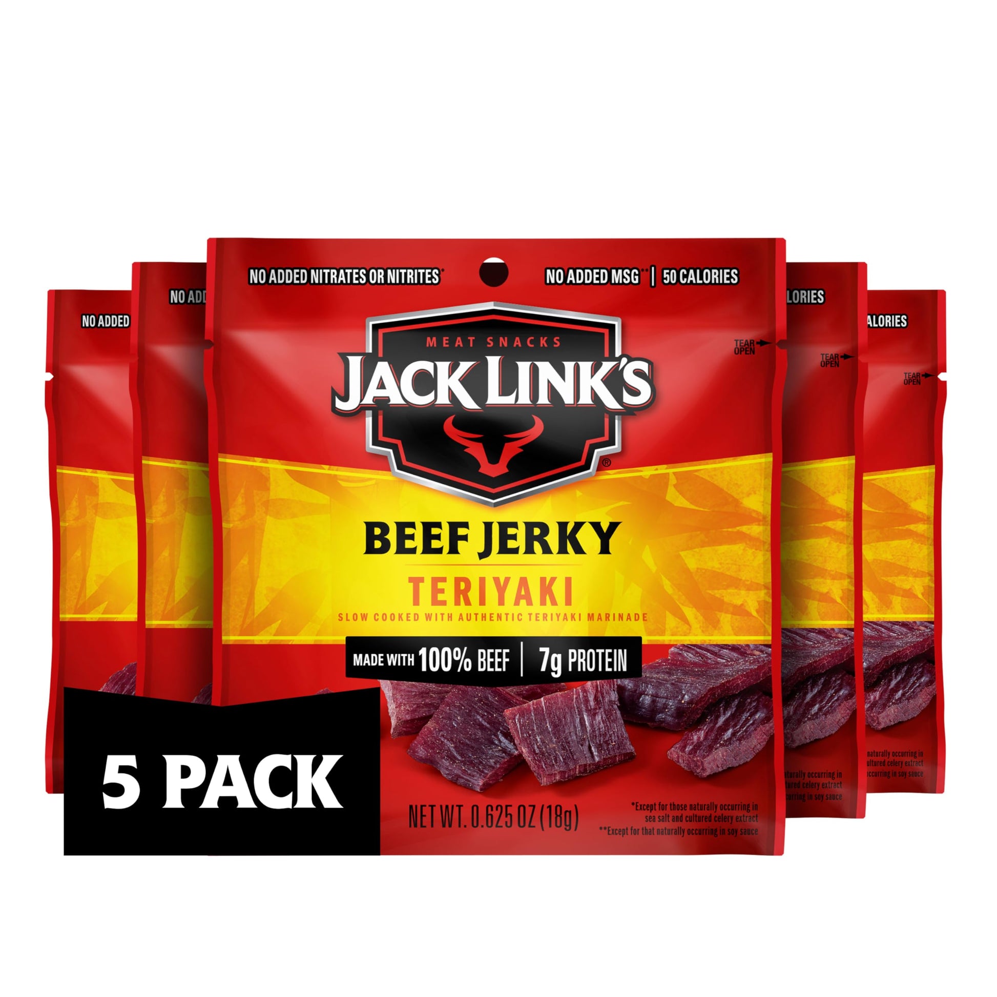 Jack Links Beef Jerky, Teriyaki, Multipack Bags - Flavorful Meat Snacks for Lunches, Ready to Eat Protein Snacks, Individual Packs - 7g of Protein, Made with 100% Beef - 0.625 oz (Pack of 5)