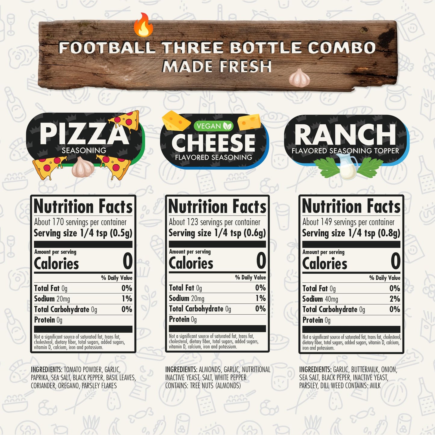 Flavor God Football Combo Pack - Spices, Topper & Seasoning Gift Set - Pizza, Cheese, Ranch - Premium All Natural - Pack of 3