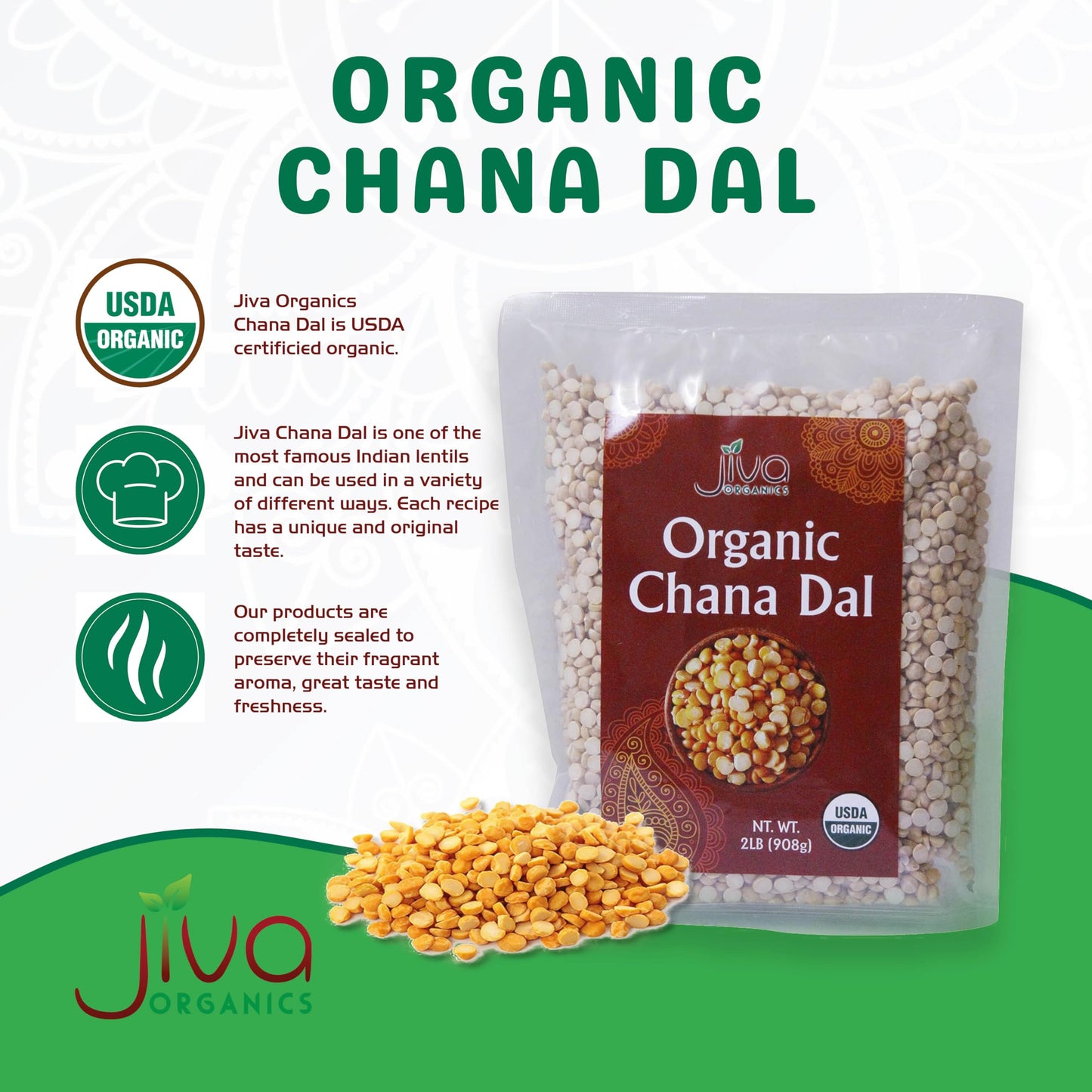 Jiva Organics Chana Dal - Non-GMO Split Indian Chickpeas - 32 Ounce Bag