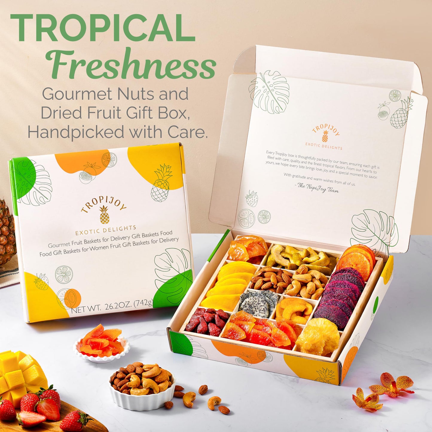 TropiJoy Dried Fruit Gift Basket - 12 Tropical Flavors - XL Size - Soft Dry Fruit and Nuts Gift for Thanksgiving