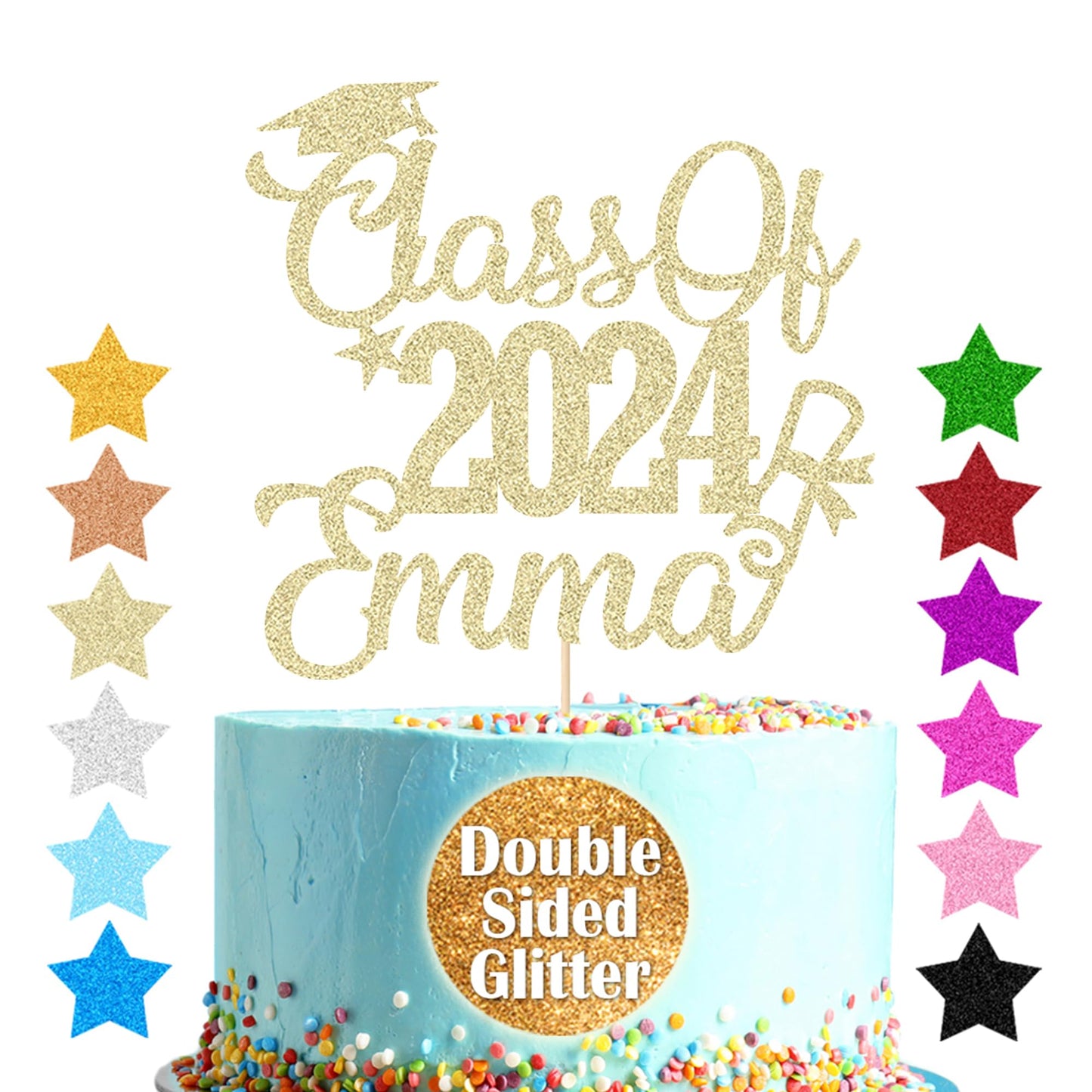 EDSG Personalized Cake Topper Custom Congrats Graduation Hat Double Sided Glitter Card Champagne Gold Class of 2025
