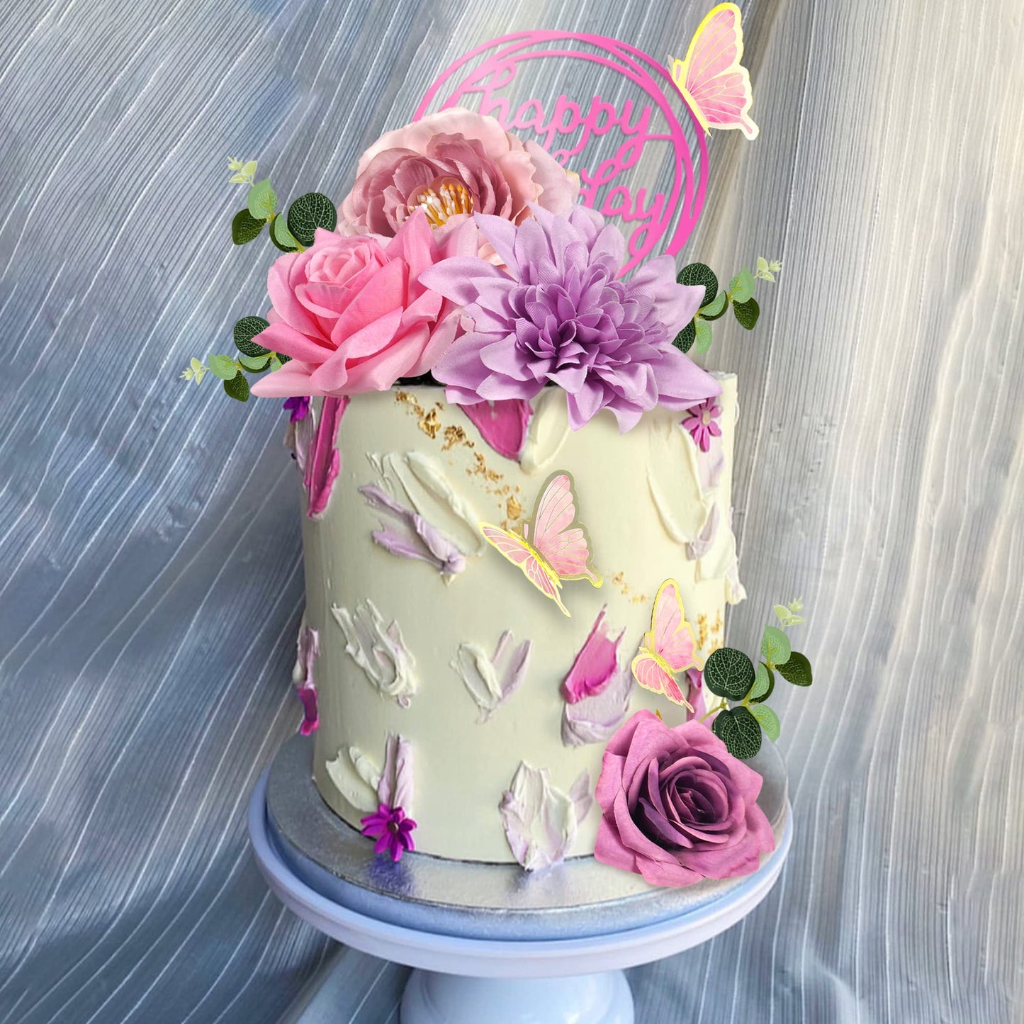 20 Pcs Flower Cake Toppers Butterfly Cake Decorations Happy Birthday Cake Toppers With Pink Purple Flowers Eucalyptus Butterflie
