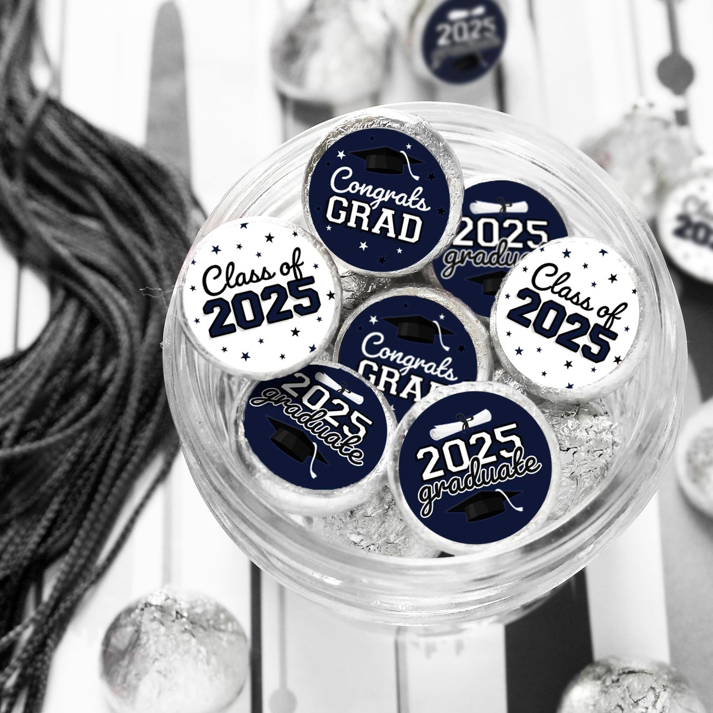 Navy Blue Graduation Party Stickers For Kisses Candy, Chocolate Drops, 2025 Grad Party Favors - 180 Count