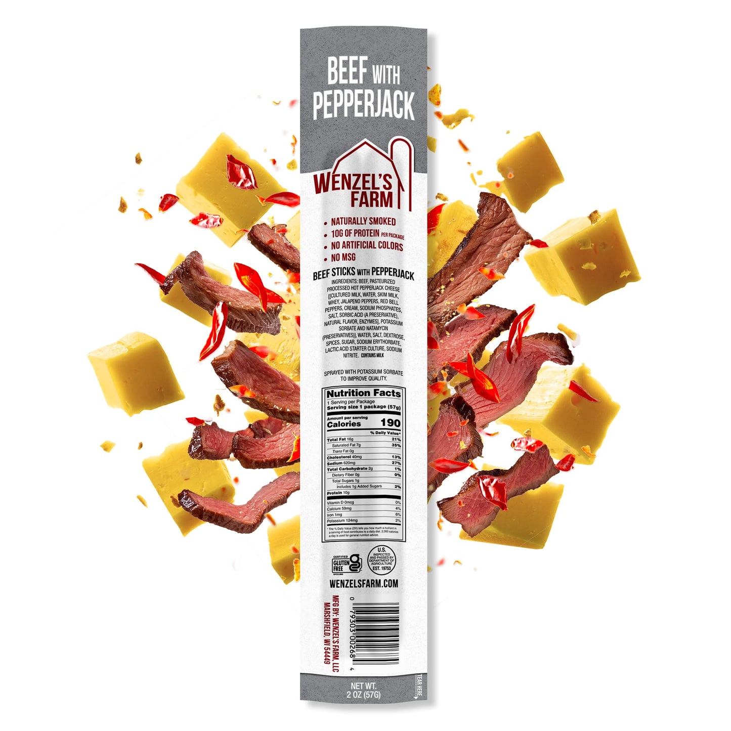 Wenzels Farm Beef Snack Sticks, Naturally Smoked, High Protein, Gluten Free, 32 Count
