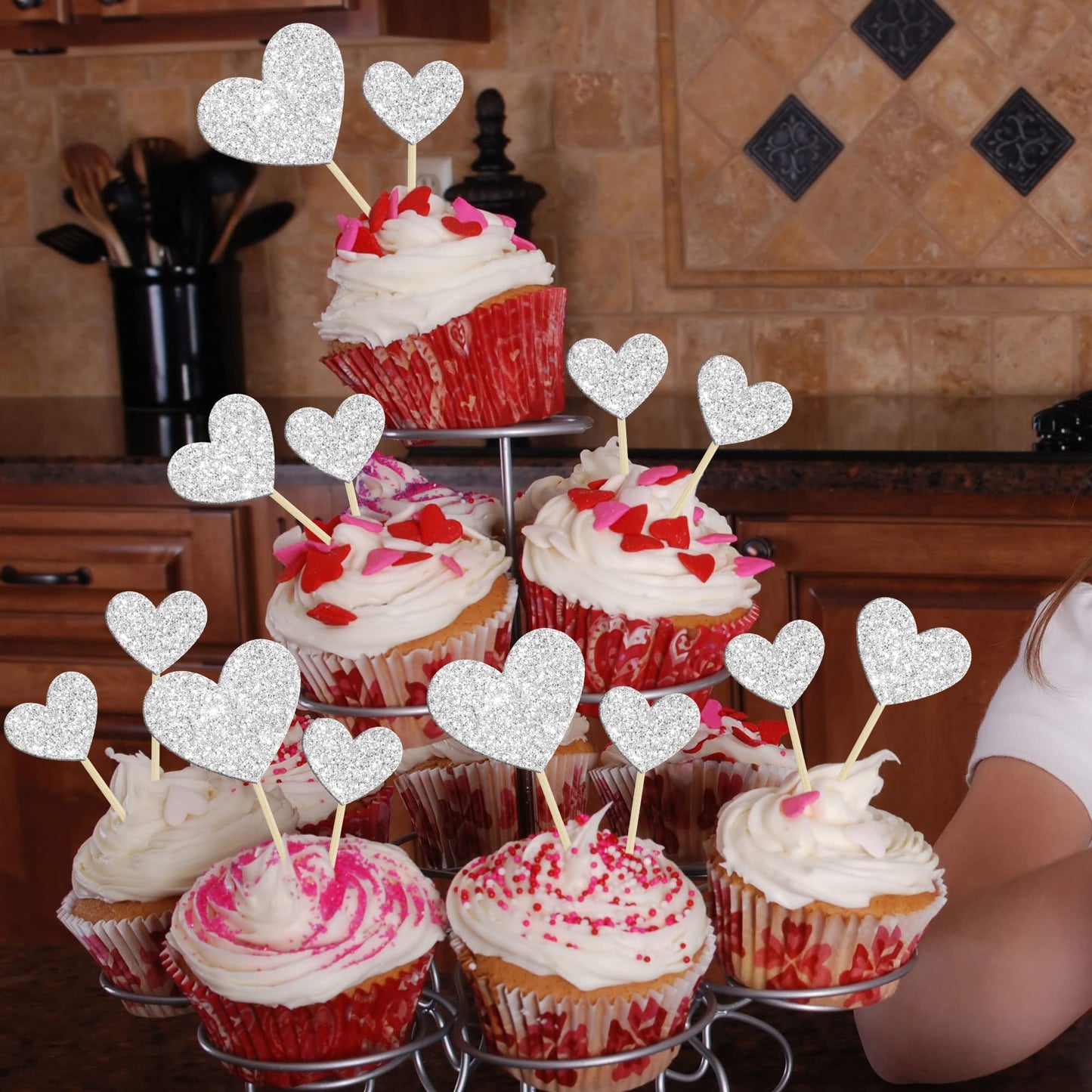 Gyufise 30Pcs Heart Cupcake Toppers Glitter Sweet Love Theme Cupcake Picks Valentine'S Day Cake Decorations For Wedding Engageme
