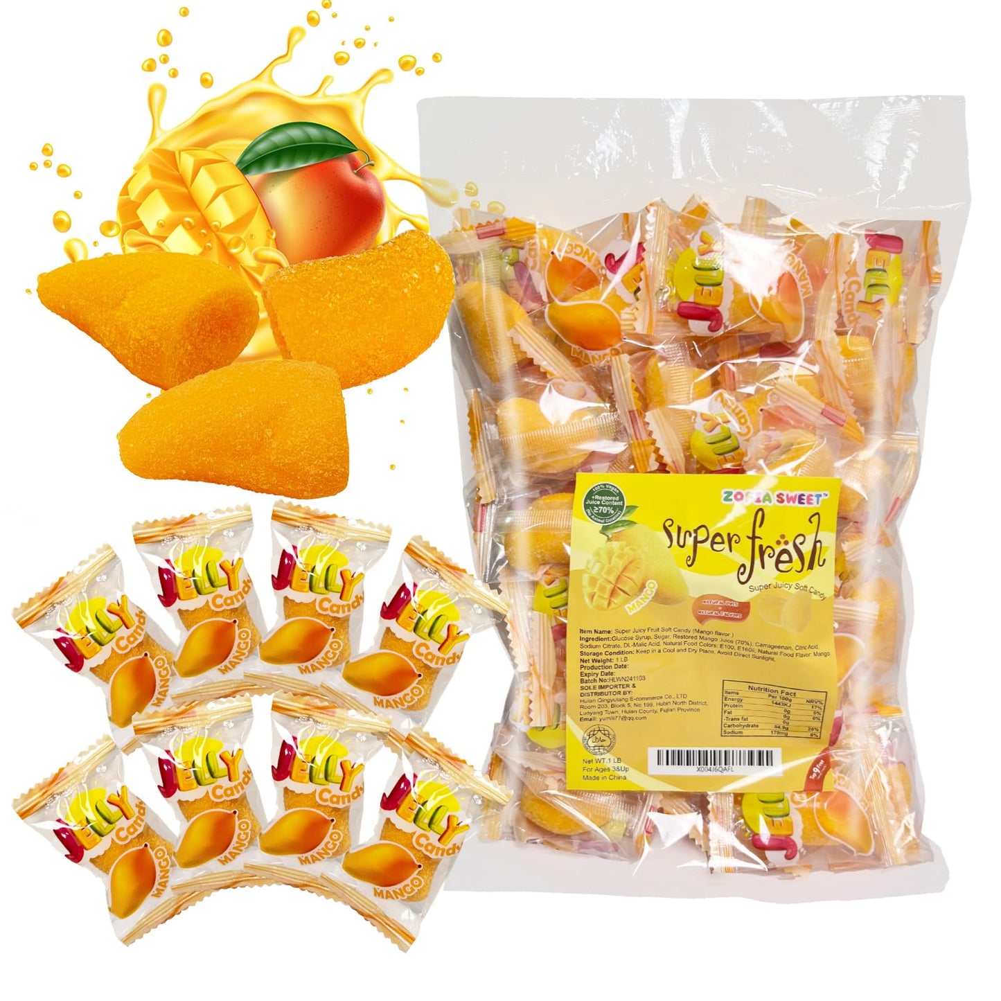 ZOFIA SWEET Natural Mango Flavored Gummy Candy Snack, Vegan, 1LB Pack, Orange