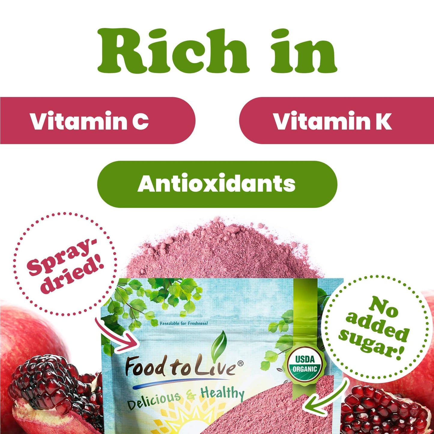 Food To Live Organic Pomegranate Powder, 1 Pound - Non-Gmo, Unsulfured, Raw, Dried Fruit, Vegan, Bulk, Great For Juices, Smoothies, Yogurts, & Breakfast Drinks, Contains Maltodextrin, No Sulphites
