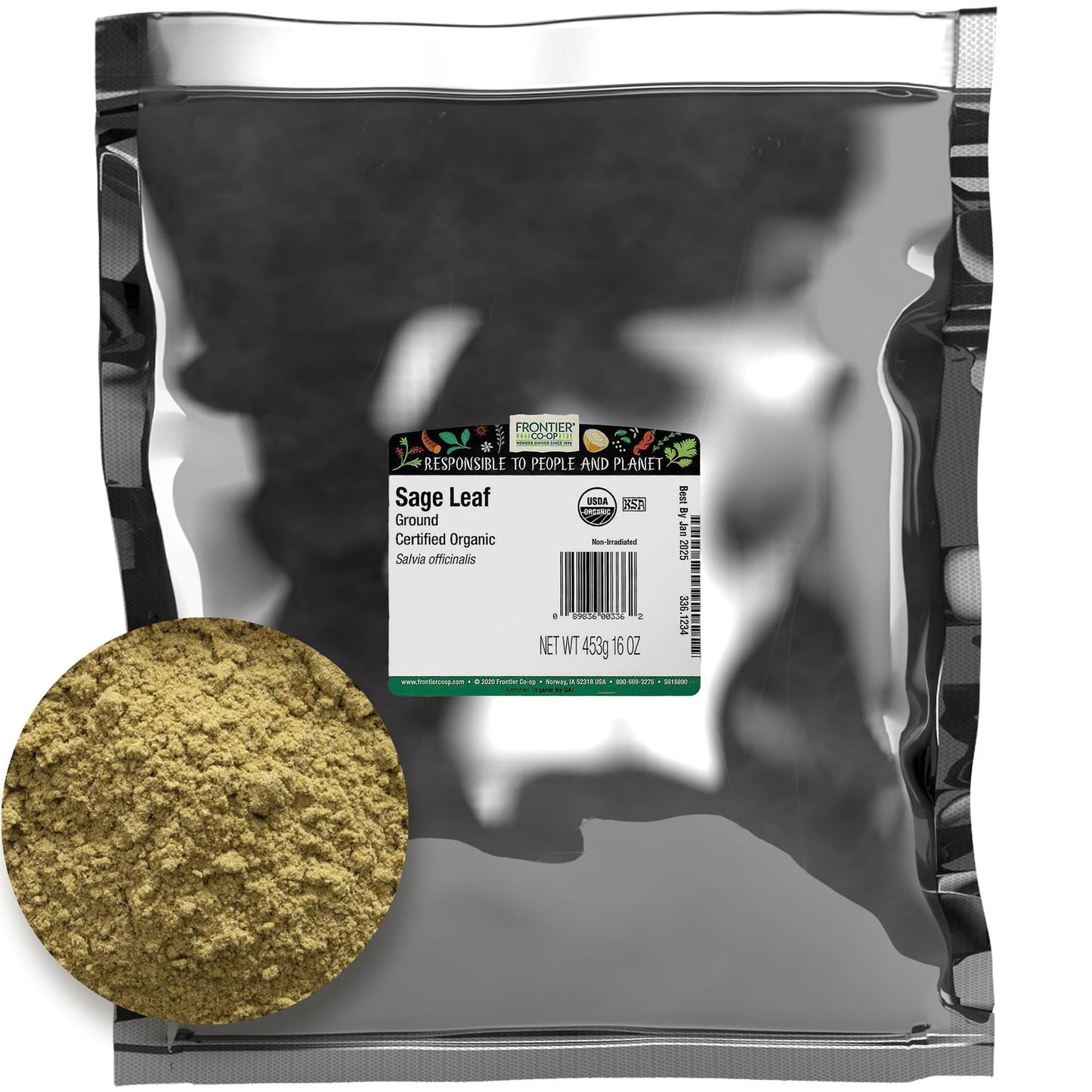 Frontier Co-op Organic Ground Sage Leaf, 1 Pound, Culinary Herb
