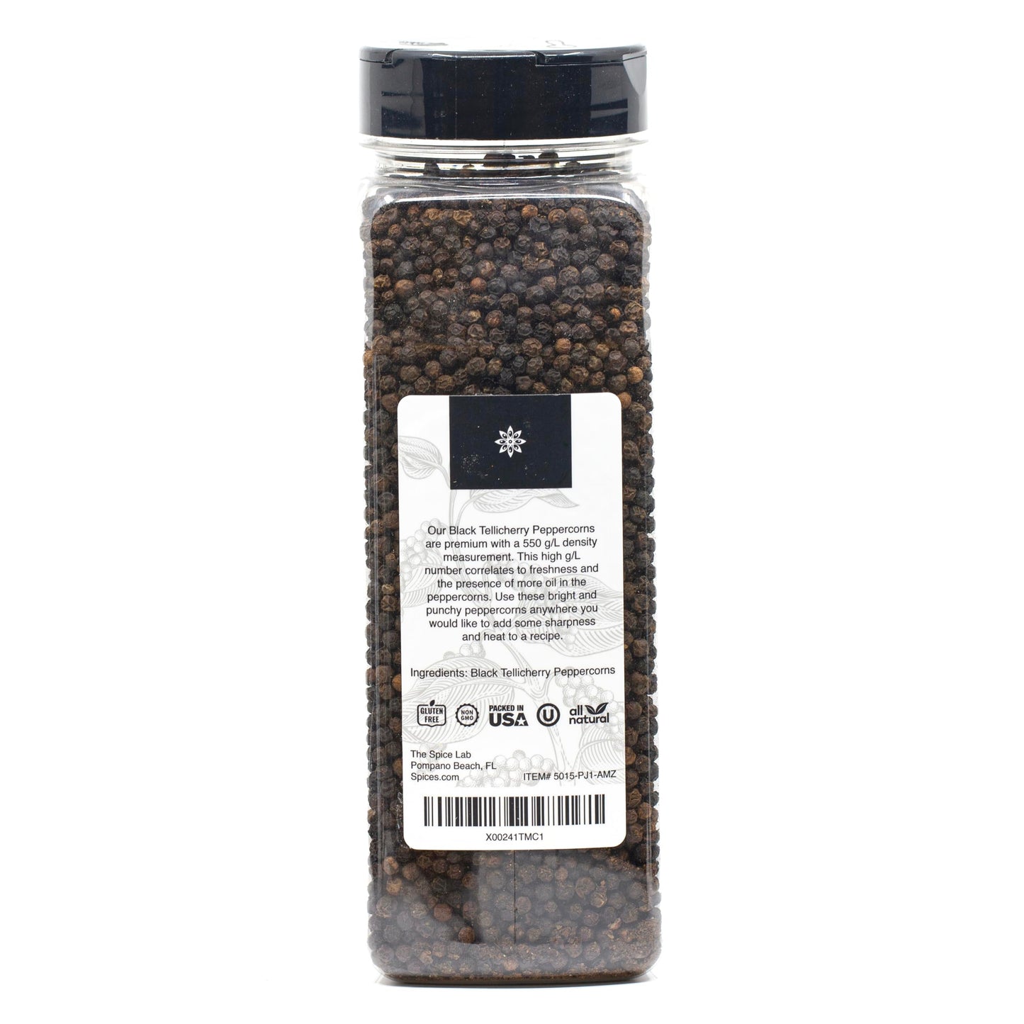 The Spice Lab Black Tellicherry Peppercorns for Grinder Packed in the USA - Steam Sterilized Kosher Non-GMO All Natural Black Pe