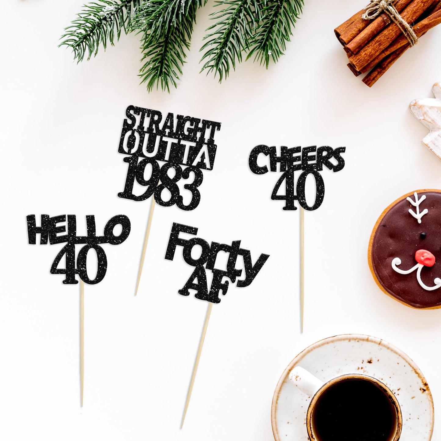 Gyufise 24 Pack Black 40Th Birthday Cupcake Toppers Glitter Forty Hello 40 Straight Outta 1983 Cupcake Picks For Cheers To 40 Bi