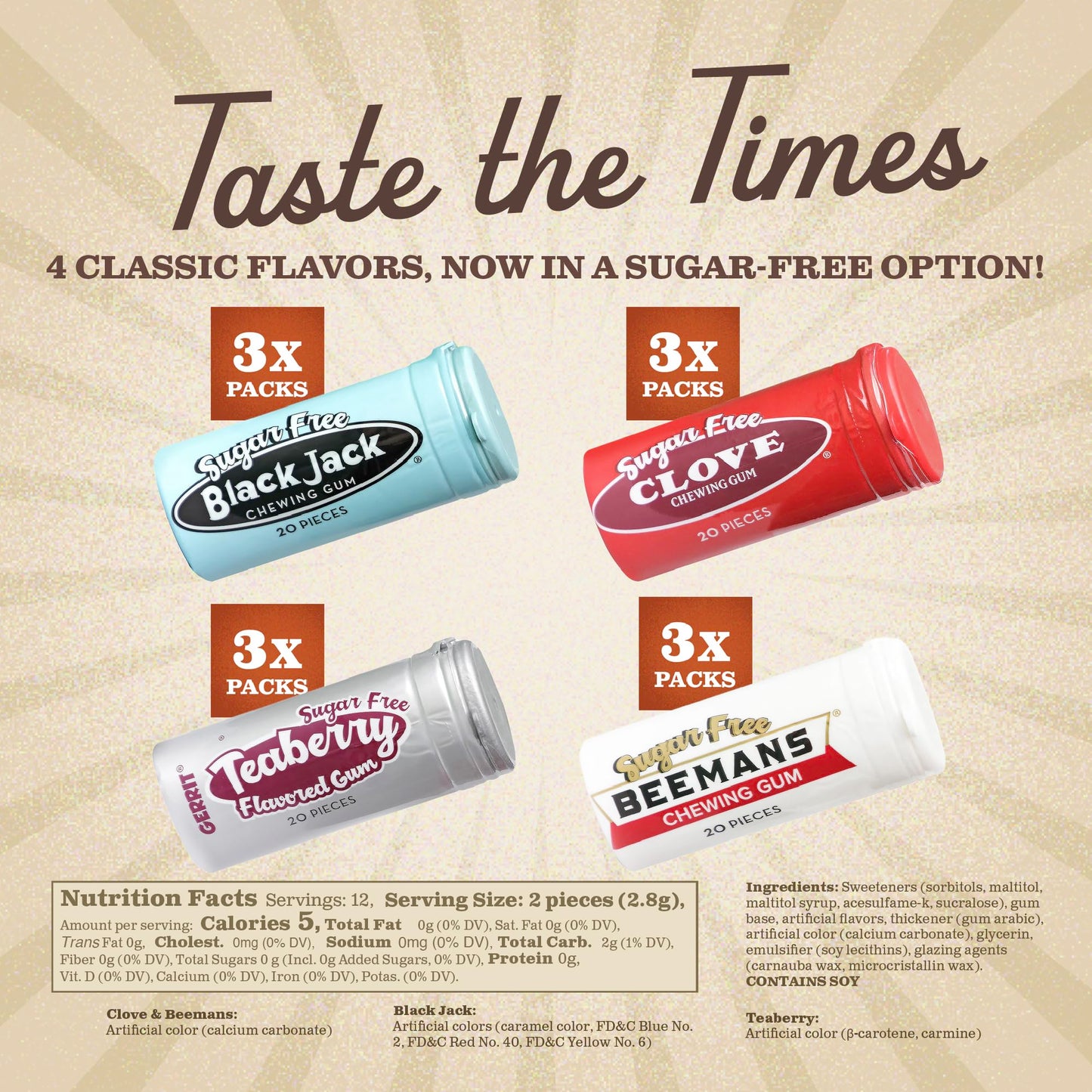 Gerrits Sugar Free Gum Variety Pack - Beemans, Black Jack, Clove, Teaberry - 12 Tubes, 240 Pieces, Pink, White, Black, Light