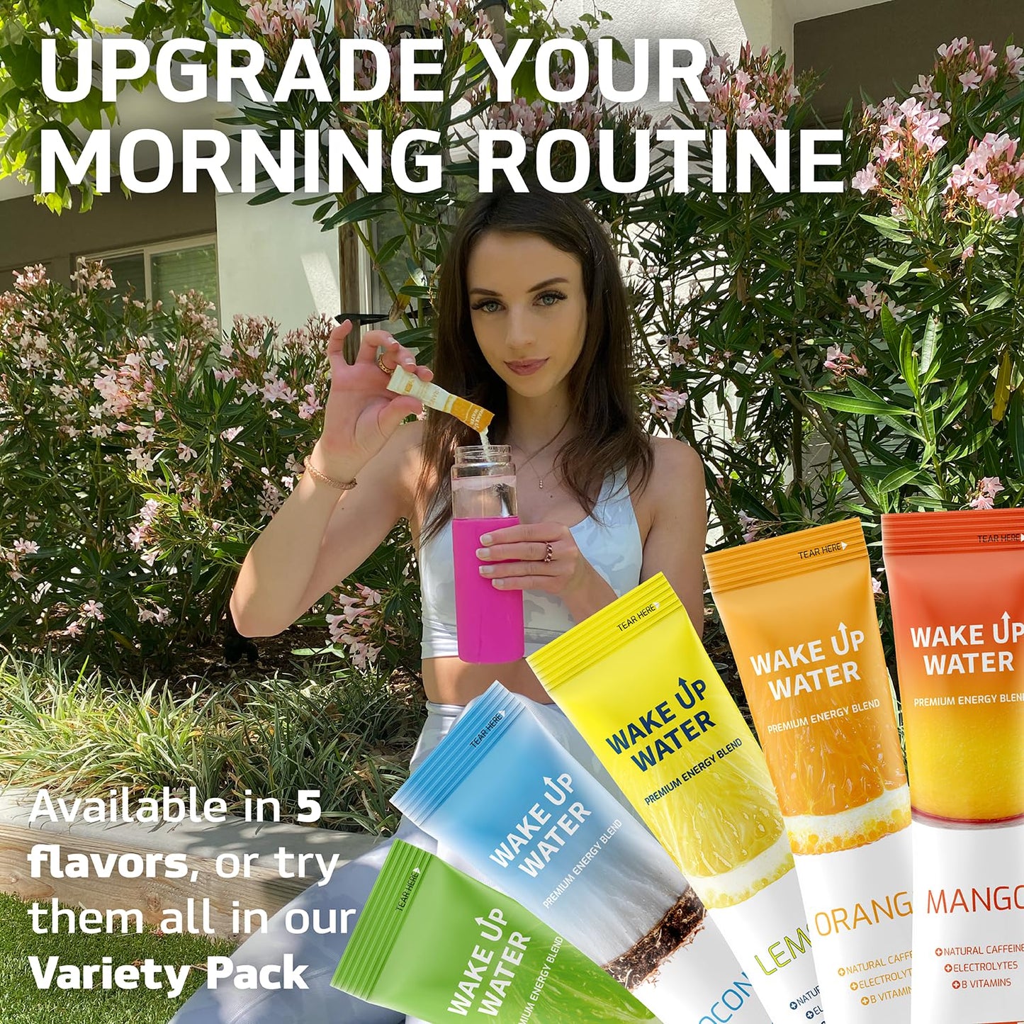 Wake Up Water Energy Drink Powder - Sugar Free, Citrus Flavor, Electrolytes, Natural Caffeine, 15 Packs, 5 Calories, Gluten Free