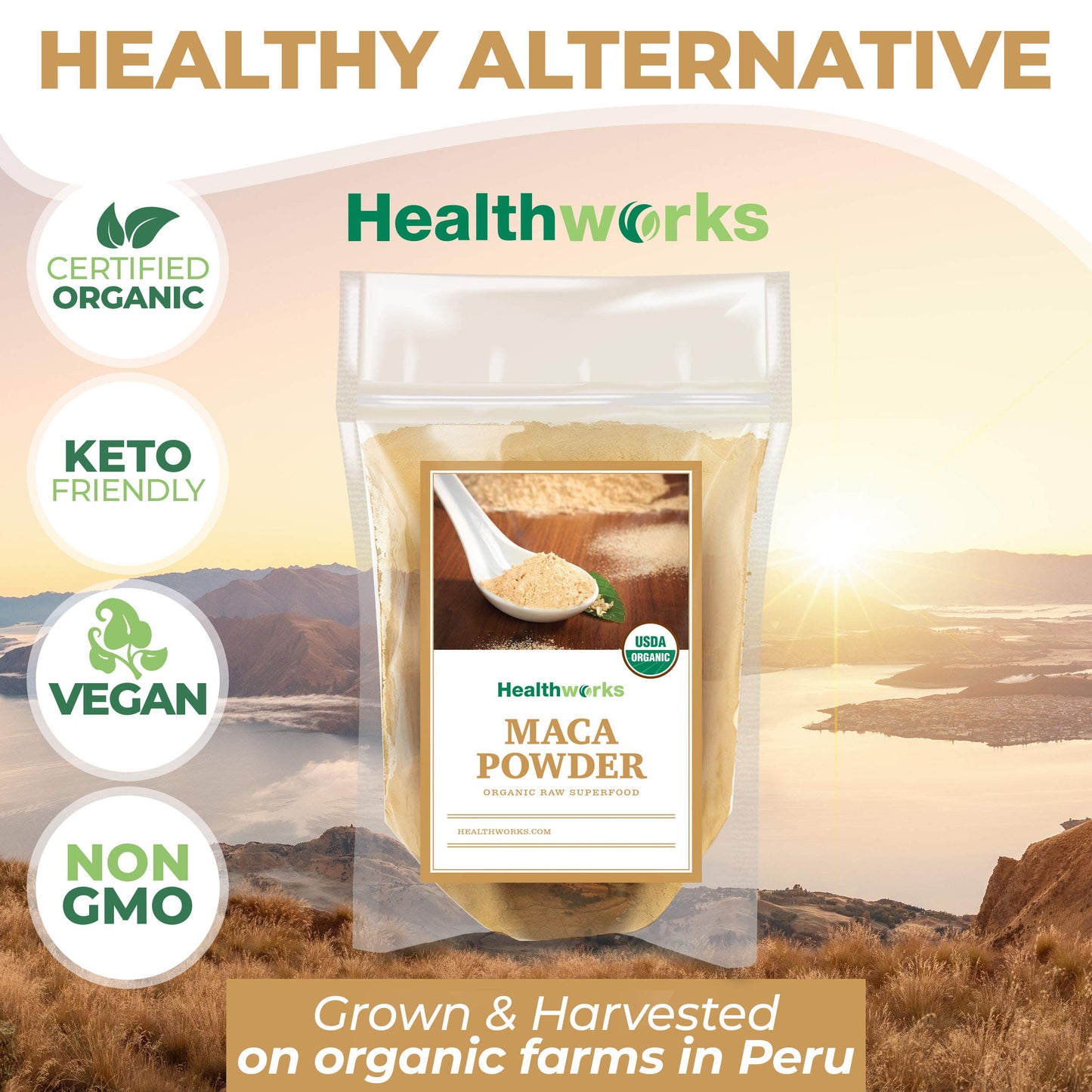 Healthworks Superfoods Organic Maca Powder Raw - 16 Oz / 1 Lb - Certified Organic Flour Use - Keto  Vegan & Non-GMO - enhanced Peruvian Origin - Breakfast  Smoothies  Baking & Coffee - Antioxidant