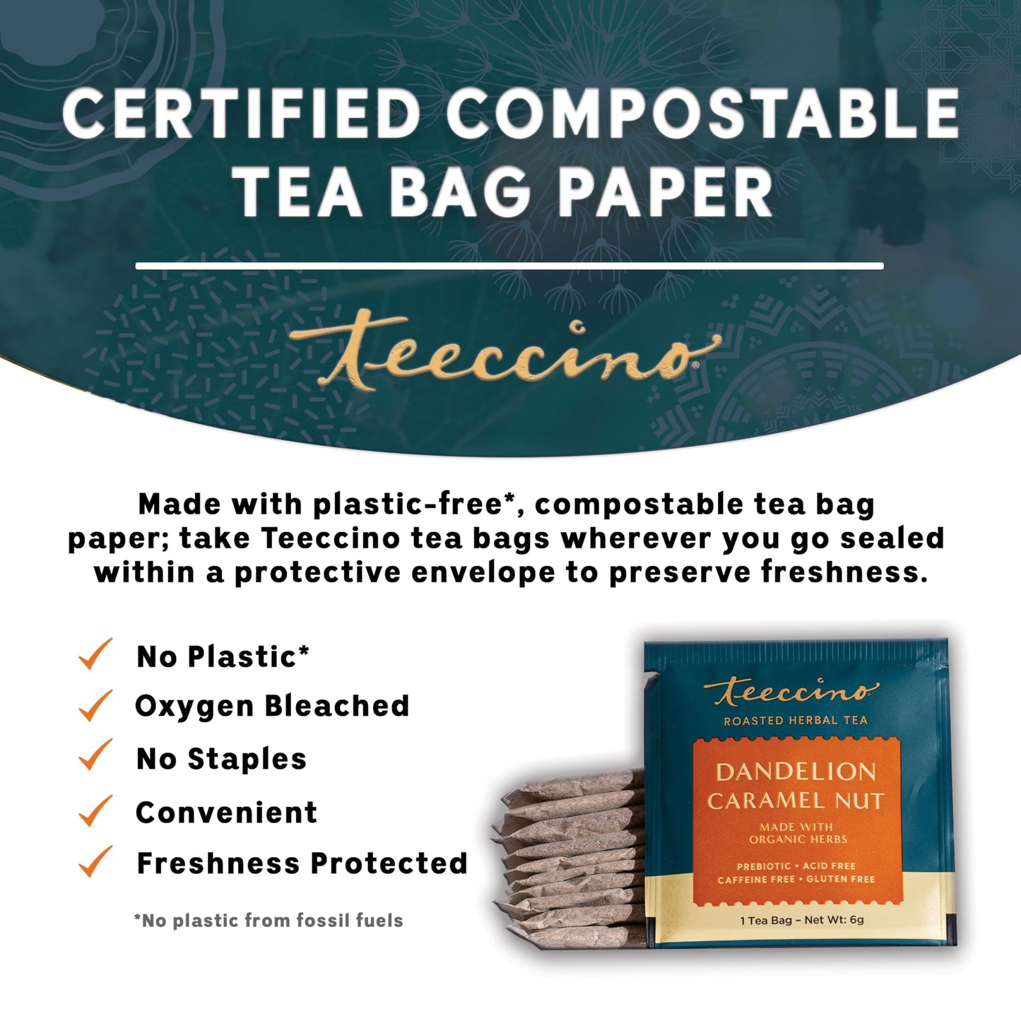 Teeccino Dandelion Caramel Nut Herbal Tea - Caffeine Free, Gluten Free, 25 Tea Bags