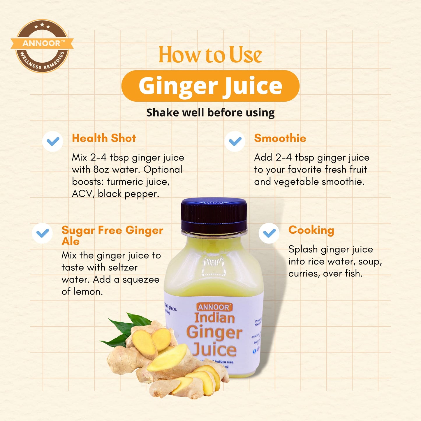 Annoor Ginger Juice - Raw, No Pulp, Strong Concentrate, 8.5 Fl Oz, Yellow