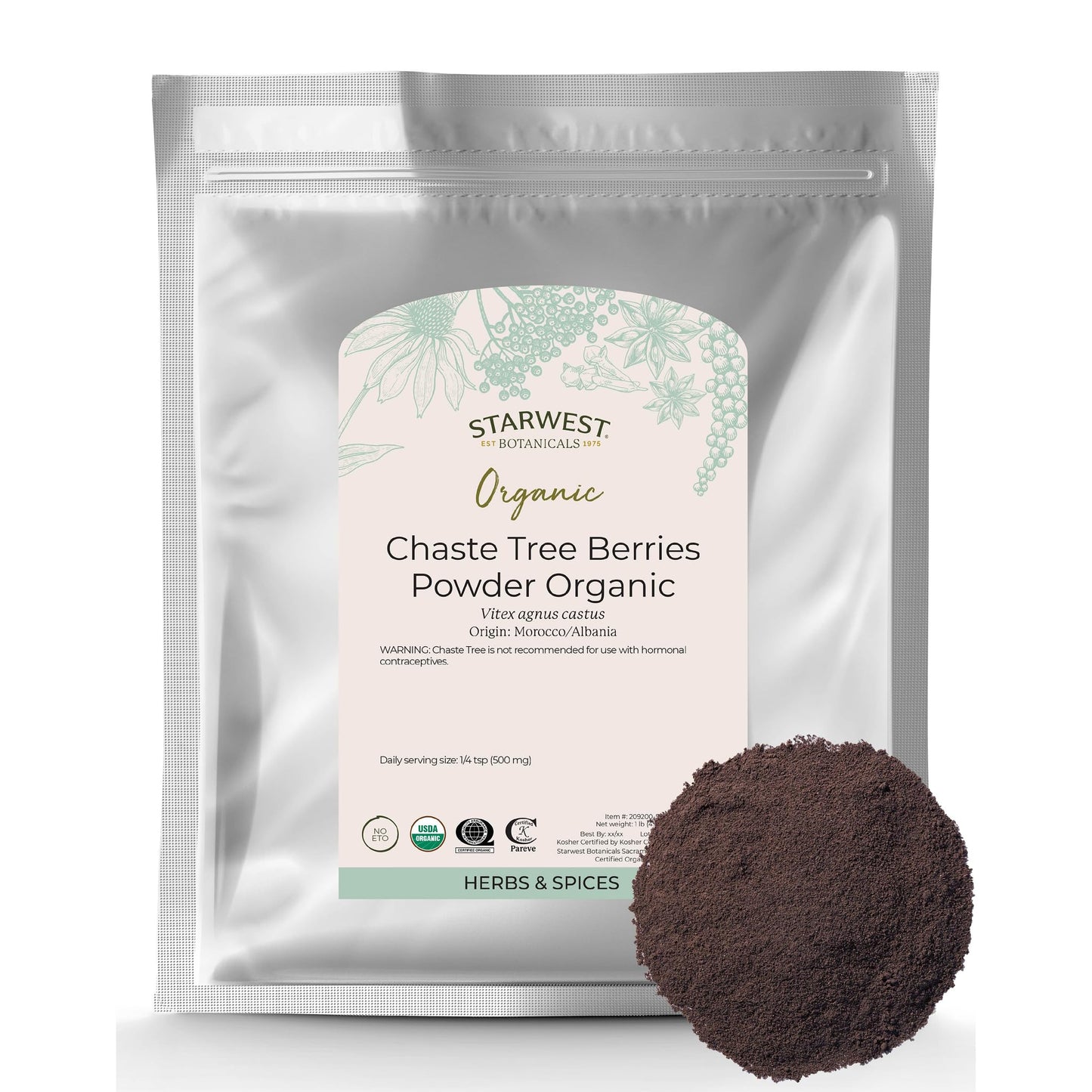 Starwest Botanicals Organic Chaste Tree Berries Powder - 1 Pound (16 Ounces) - Model TRTD6509