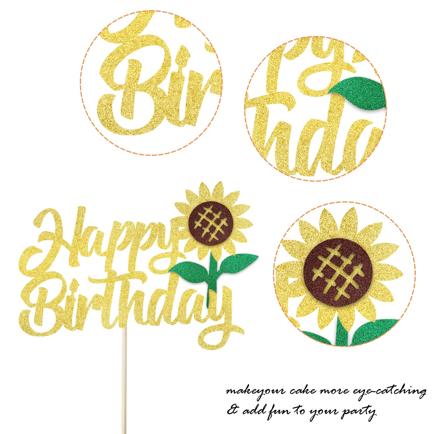 YCTHUNFISH Happy Birthday Cake Topper Glitter Sunflower Decoration for Kids Parties, Summer Baby Showers, 1 Pack
