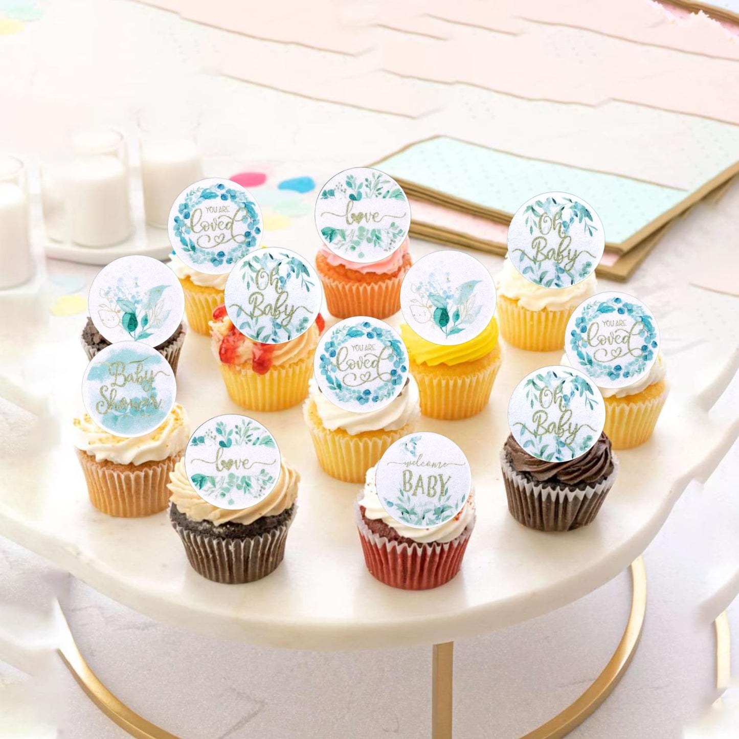 60 Pcs Edible Baby Shower Cupcake Toppers Woodland Jungle Leaf Love Welcome Baby Cupcake Picks Edible Oh Baby Cake Decorations F