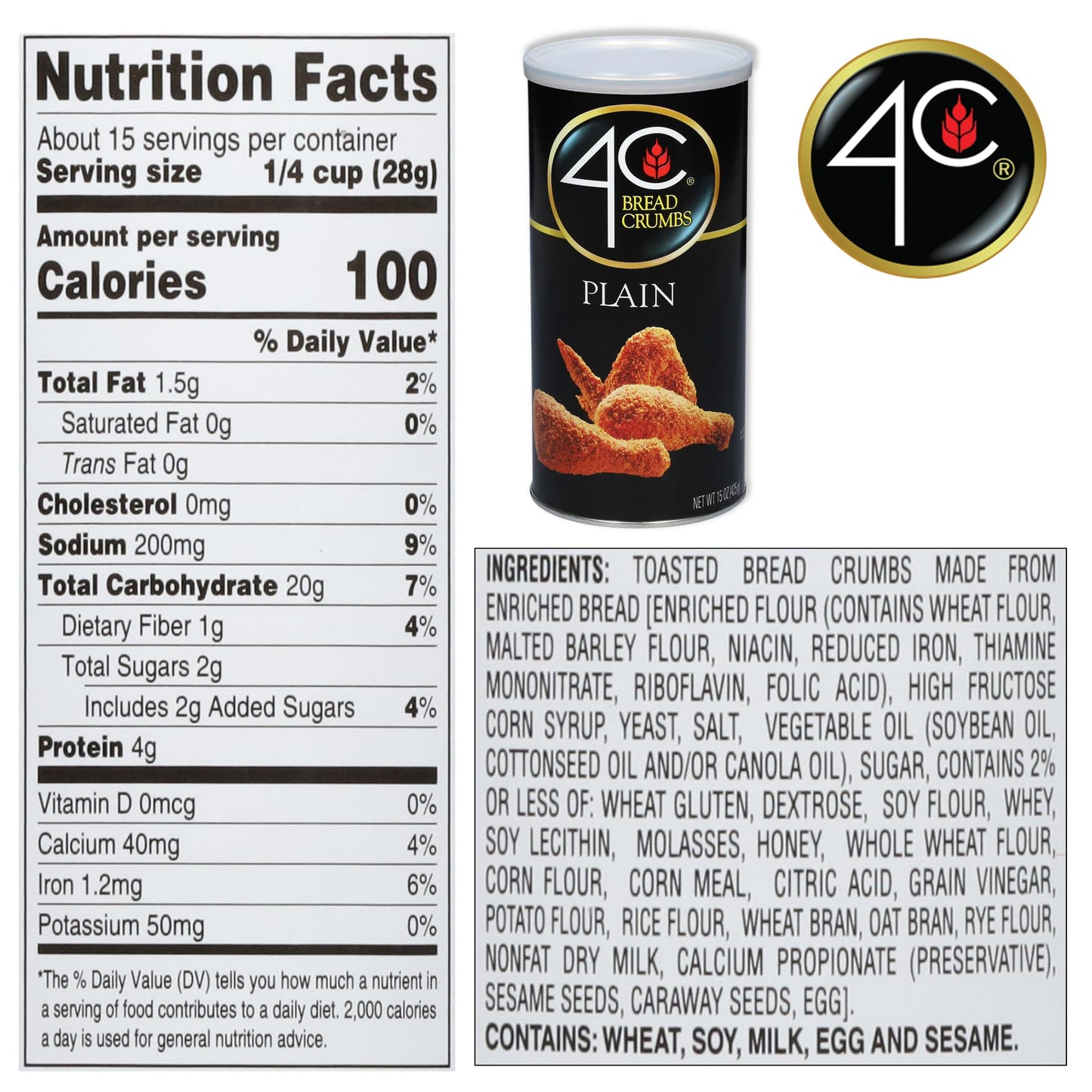 4C Premium Bread Crumbs, Plain 15 Ounce, Regular & Gluten Free, Flavorful Crispy Crunchy, Value Pack (15 Ounce (Pack Of 6), Plai