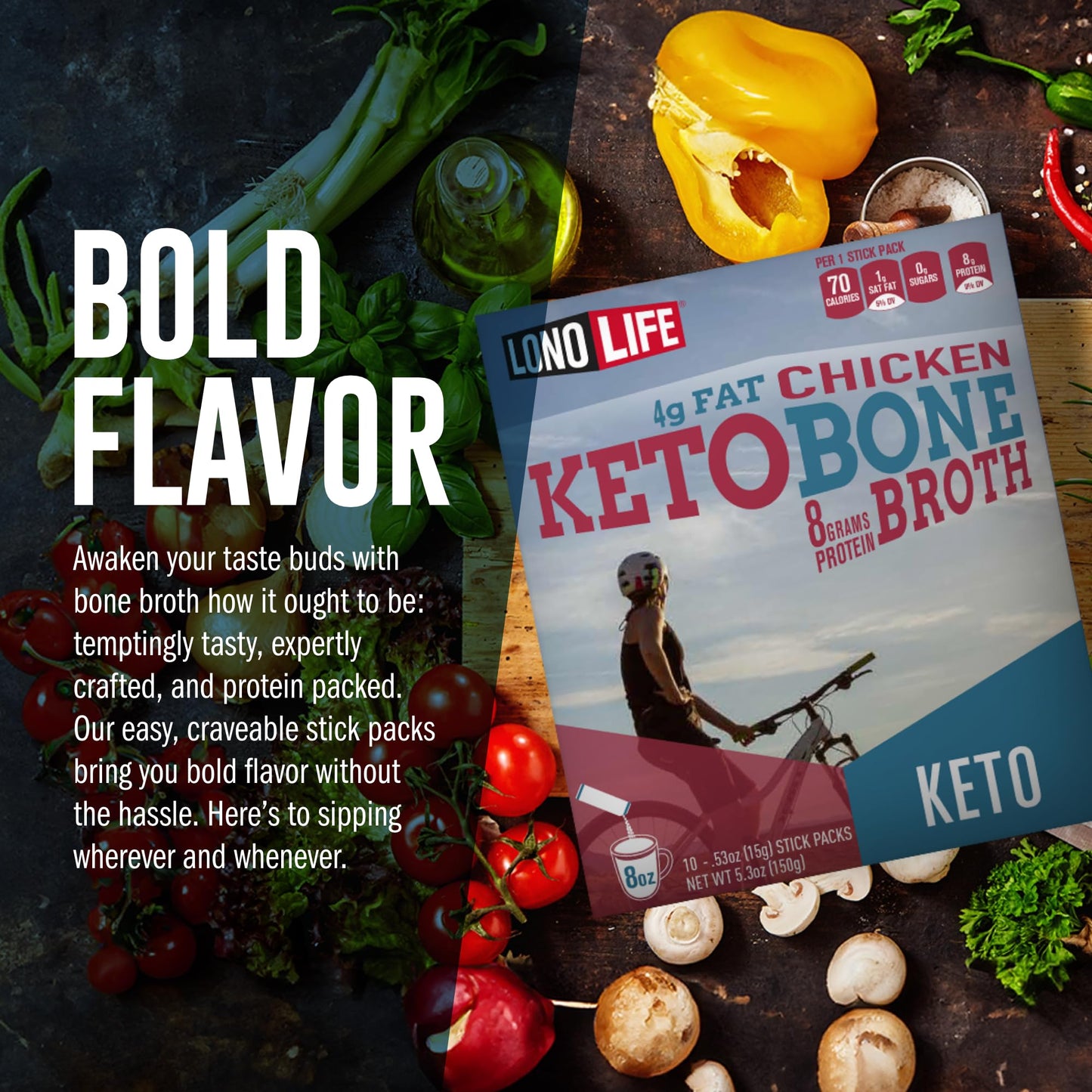 LonoLife Keto Chicken Bone Broth Powder Mix | 10g Protein | Collagen-Rich, Keto & Paleo Friendly | Natural Ingredients | 10 Port