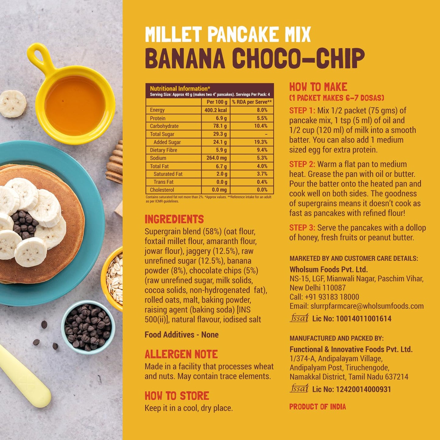 Slurrp Farm Instant Breakfast Millet Pancake Mix, Banana Choco-Chip, Supergrains And Chocolate, Natural And Healthy Food, 100% V
