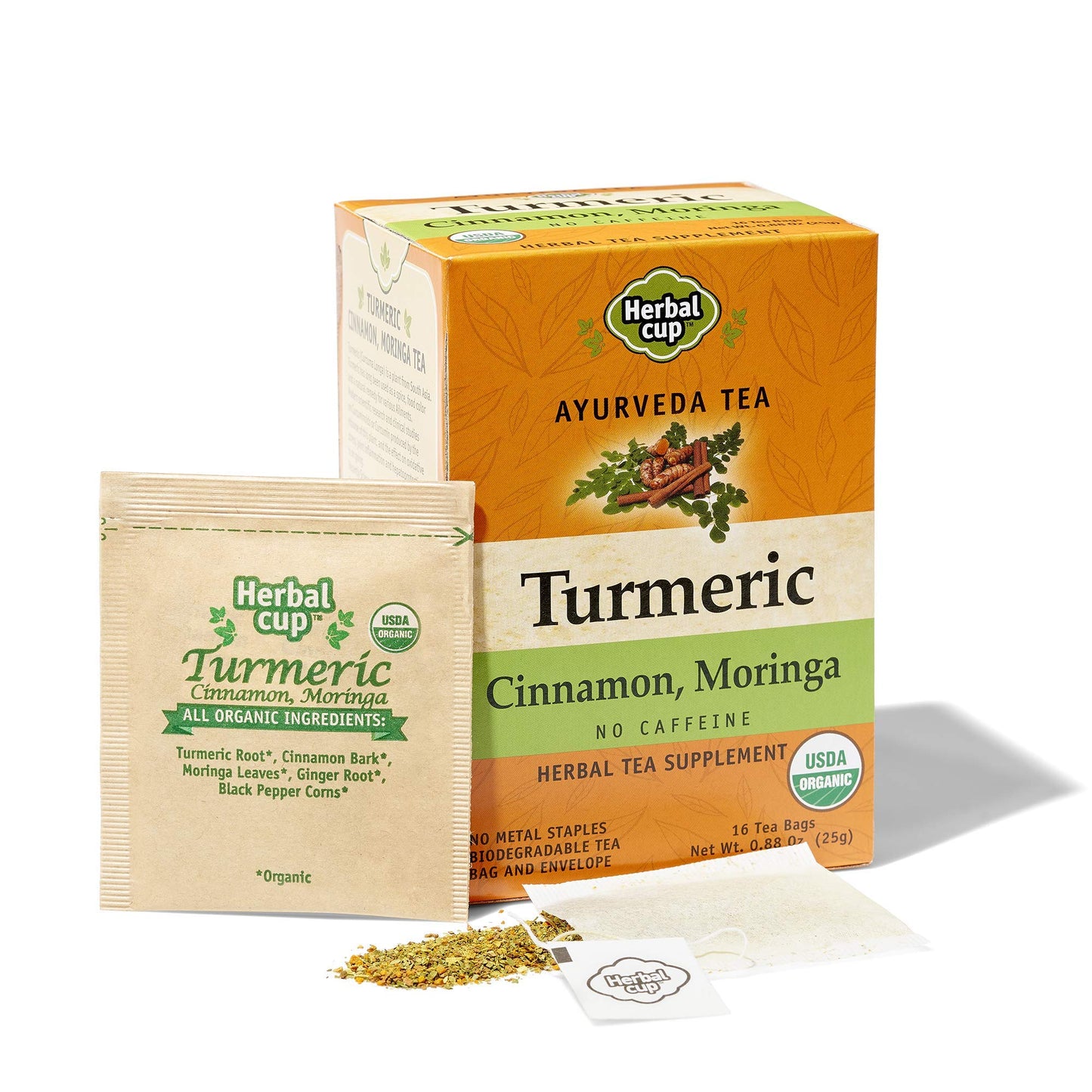 Herbal Cup Turmeric Tea, Organic Cinnamon Moringa, No Caffeine, 16 Count, Pack of 1