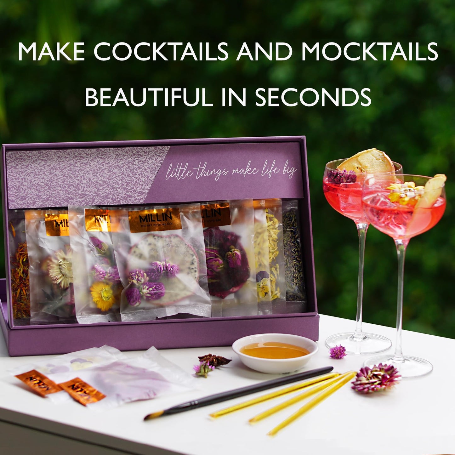 Millin Cocktail Garnish Gift Set - Edible Flowers & Dehydrated Fruits, 150 Drinks, 100% Natural