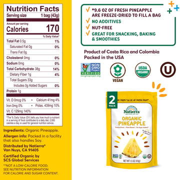 NATIERRA Organic Freeze-Dried Pineapple | USDA Organic, Non-GMO & Vegan | 1.5 Ounce (Pack of 2)